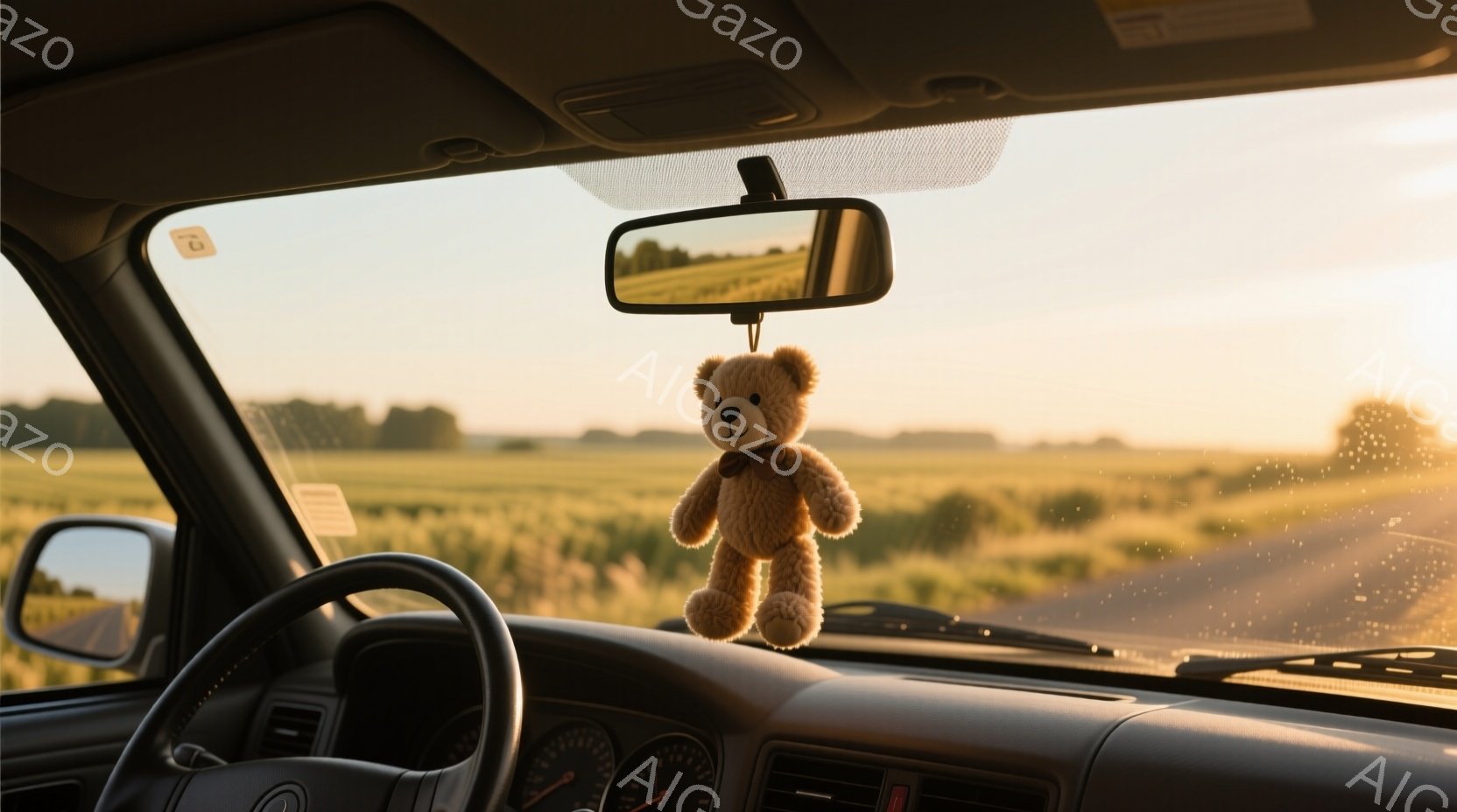 車内から見た景色で、運転席の視点から茶色のテディベアがルームミラーから吊り下げられている。背景には、夕焼けに照らされた広大な草原と遠くの木々が広がっており、暖かく穏やかな雰囲気を醸し出している。車内のダッシュボードやステアリングホイールは、日の光を浴びて少しオレンジ色に染まっており、旅の安らぎを感じさせる。