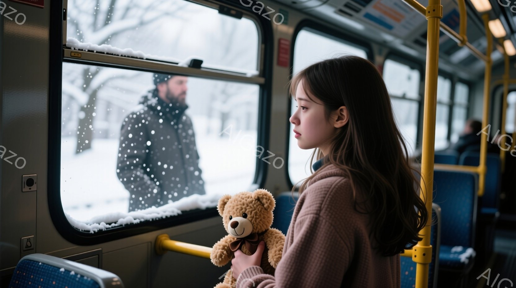 長い黒髪を肩から下で垂らした若い女性が、バスの窓の外を見つめている。彼女は薄いピンク色のセーターを着ており、片手にテディベアを抱きしめている。窓の外は雪景色で、雪が降り積もった木々と背景にぼんやりと見 - AI生成フリー素材