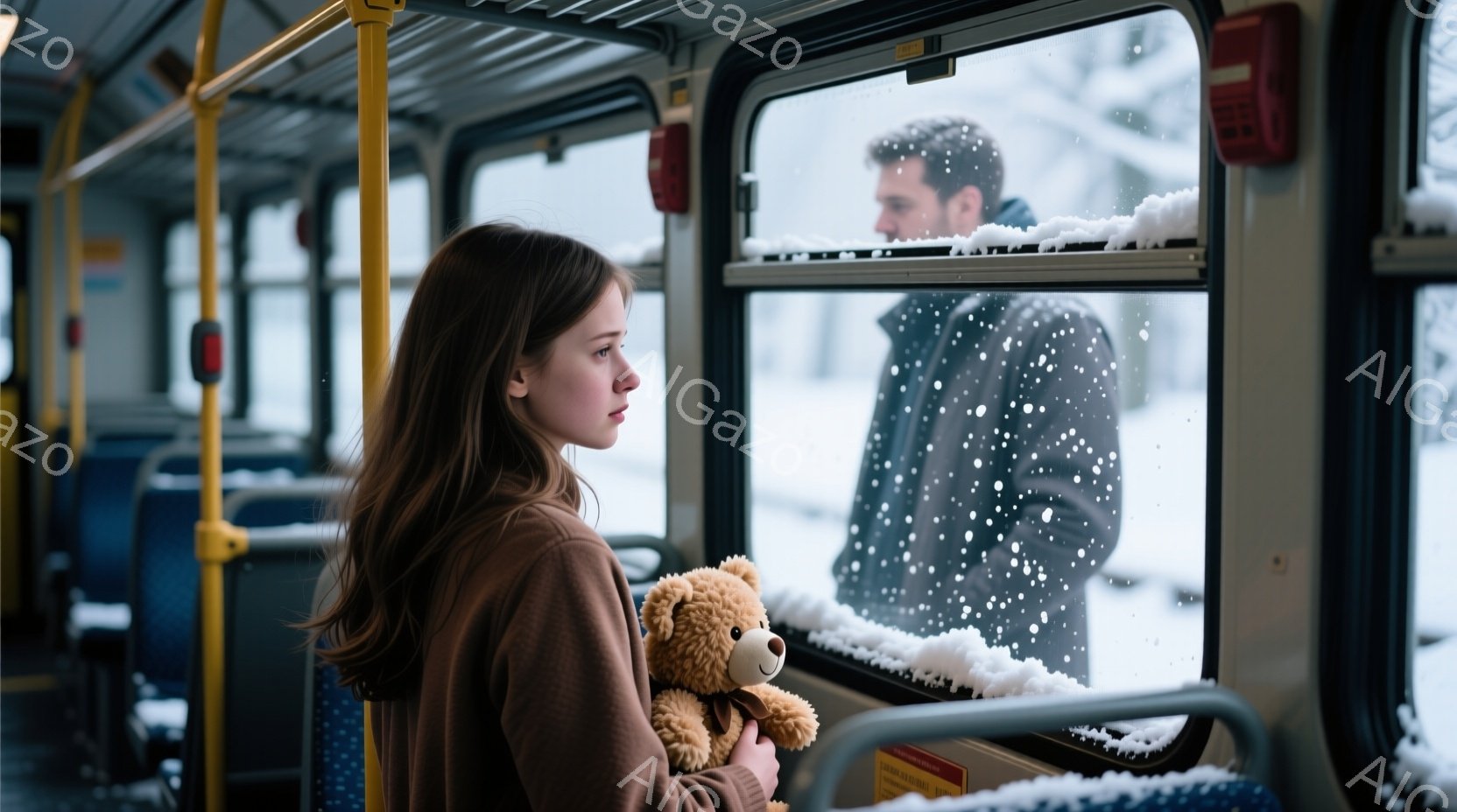 長い茶色の髪をした若い女性が、バスの窓際に座り、ぬいぐるみのクマを抱えています。彼女は少し憂鬱な表情で外を眺めており、冬の雪景色が窓ガラスに映っています。バスの内装はシンプルで、雪に覆われた木々や建物がぼんやりと見え、静かで物憂げな雰囲気を醸し出しています。
