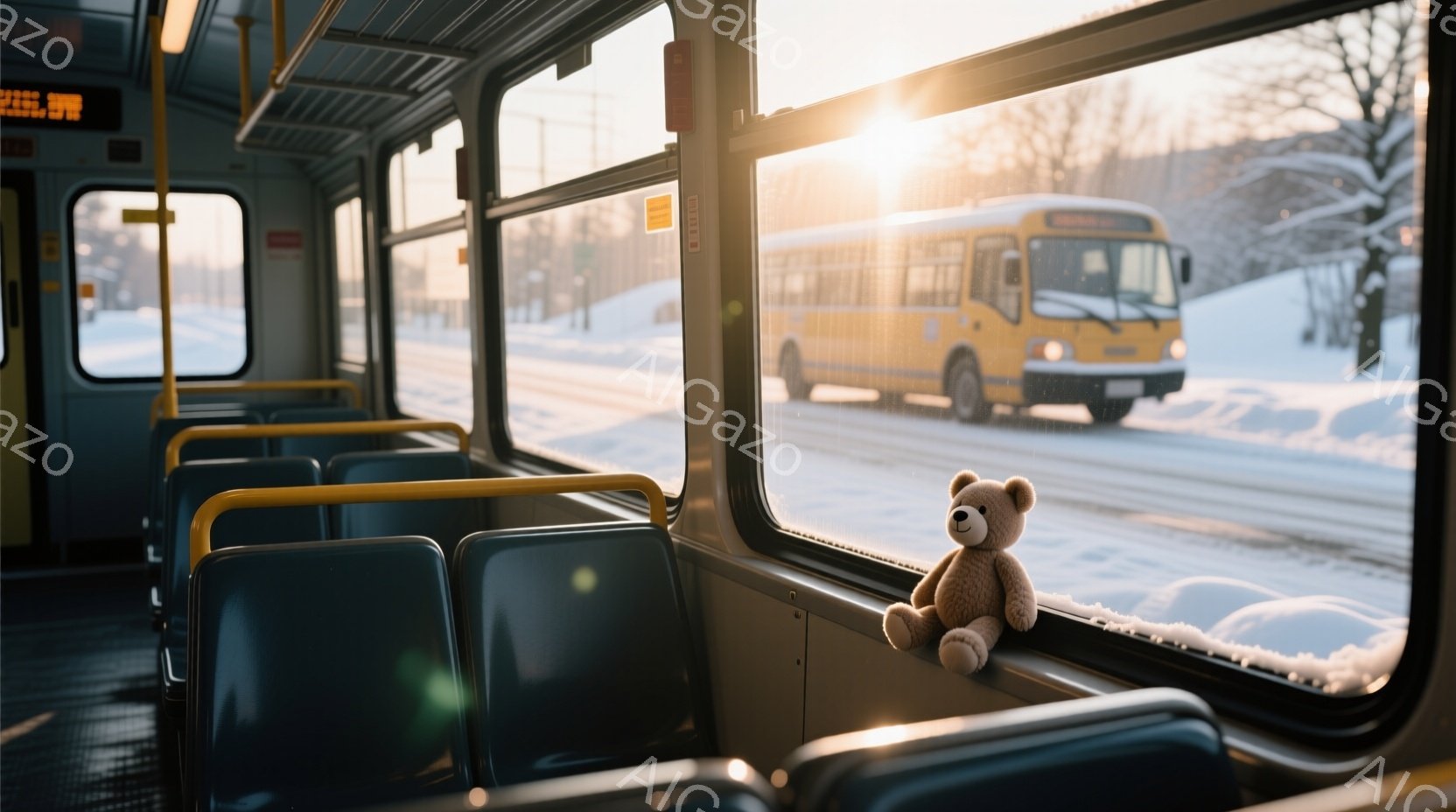 バス車内の座席に、可愛らしい茶色のテディベアが置かれています。窓の外は雪景色で、道路には雪が積もり、遠くに別のバスが見えます。冬の穏やかな雰囲気で、テディベアはまるで旅を楽しんでいるかのようです。