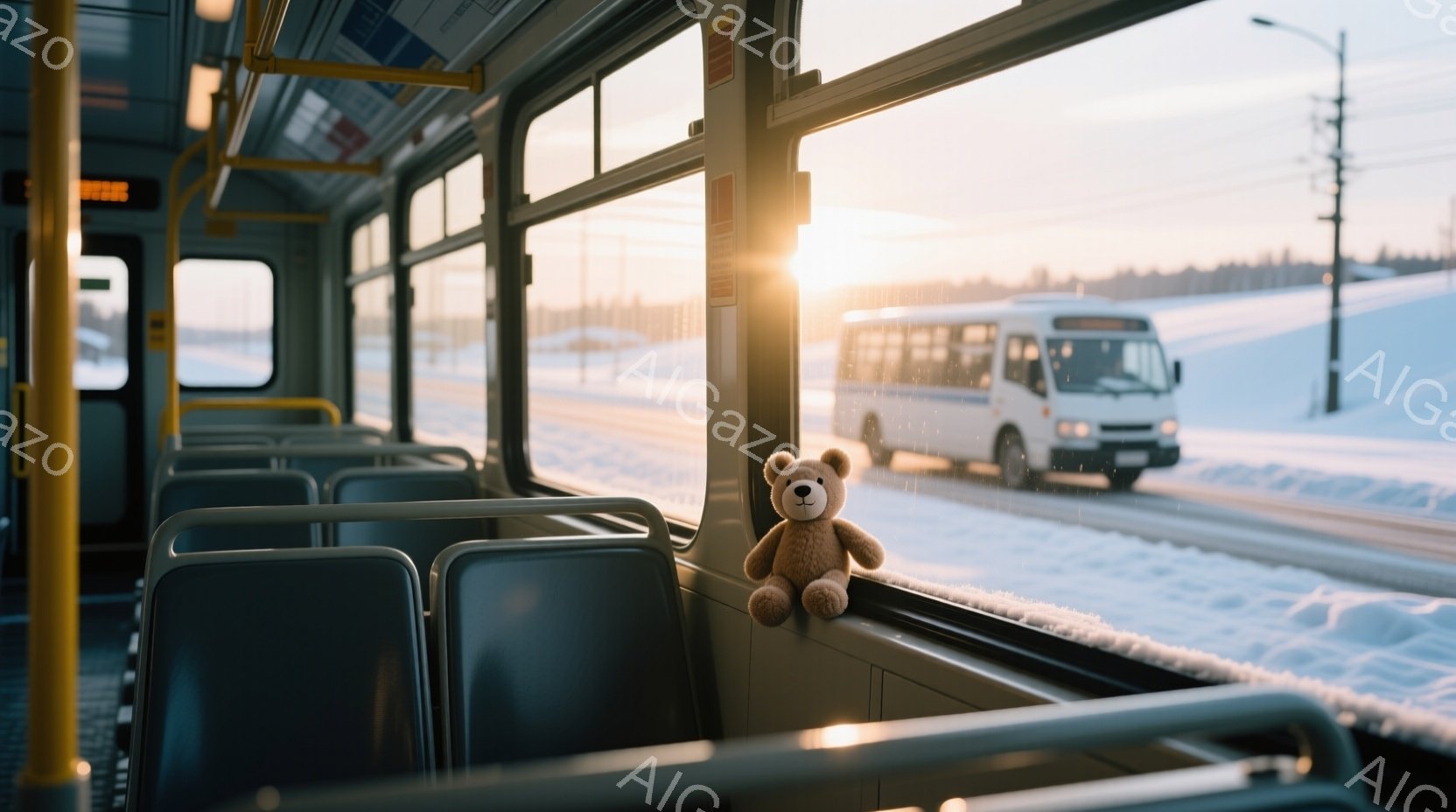 バスの中の空席にテディベアが座っている。外は雪景色で、遠くに同じようなバスが見え、夕焼けが空をオレンジ色に染めている。静かで平和な冬の旅の雰囲気が漂っている。