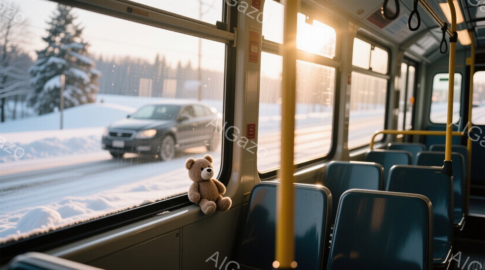 バスの車窓に座ったテディベアが写っている。背景は雪に覆われた道路と木々、そして夕焼けのような暖色の光が差し込んでいる。車内は空っぽで、青いシートと黄色いポールが規則的に並び、静かで少し寂しげな雰囲気を - AI生成フリー素材