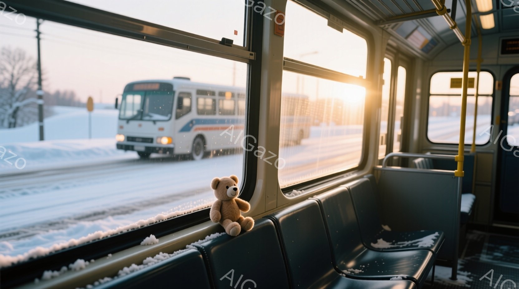 バスの車内から見える雪景色が印象的な写真です。窓枠には可愛らしいテディベアが置かれ、空席のバスシートと雪に覆われた外の景色とのコントラストが際立っています。薄暗い車内と夕焼けのような光が差し込む雪景色が、どこか寂しげで温かい雰囲気を醸し出しています。