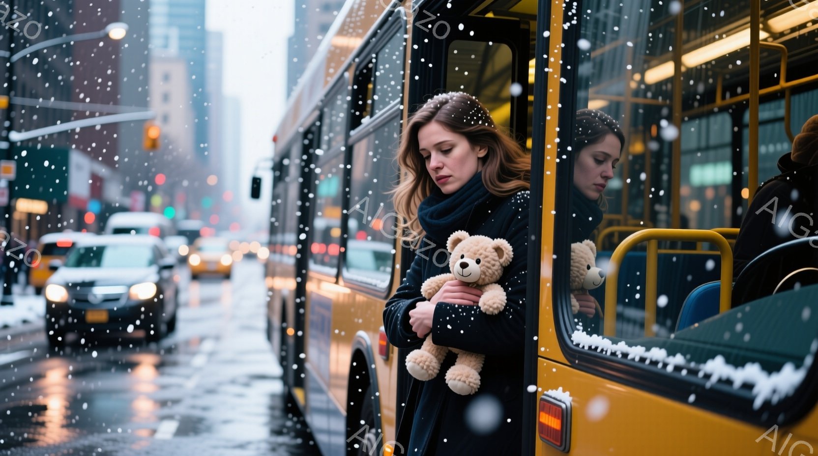 雪が降る都市の通りで、若い女性が黄色いバスの入り口に立っている。彼女は黒いコートとスカーフを身につけ、ゆるやかなウェーブヘアで、やや憂いを帯びた表情をしている。背景には高層ビル群と交通車両が見え、冬の寒々とした雰囲気が漂っている。