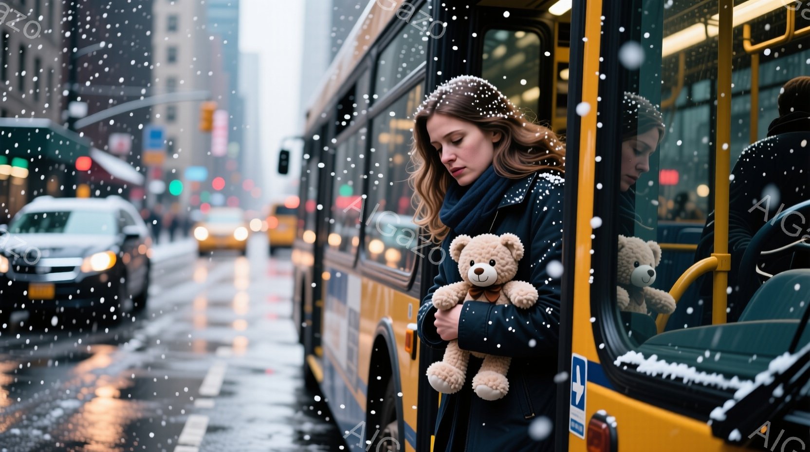 長い茶色の髪の女性が、ニューヨークの街並みを背景にバスの入り口に立っている。彼女は濃い青色のコートとスカーフを着用し、少し悲しげな表情でテディベアを抱きしめている。背景は雪が降り積もり、交通量が多く、全体的に物憂げで寂しげな雰囲気が漂っている。