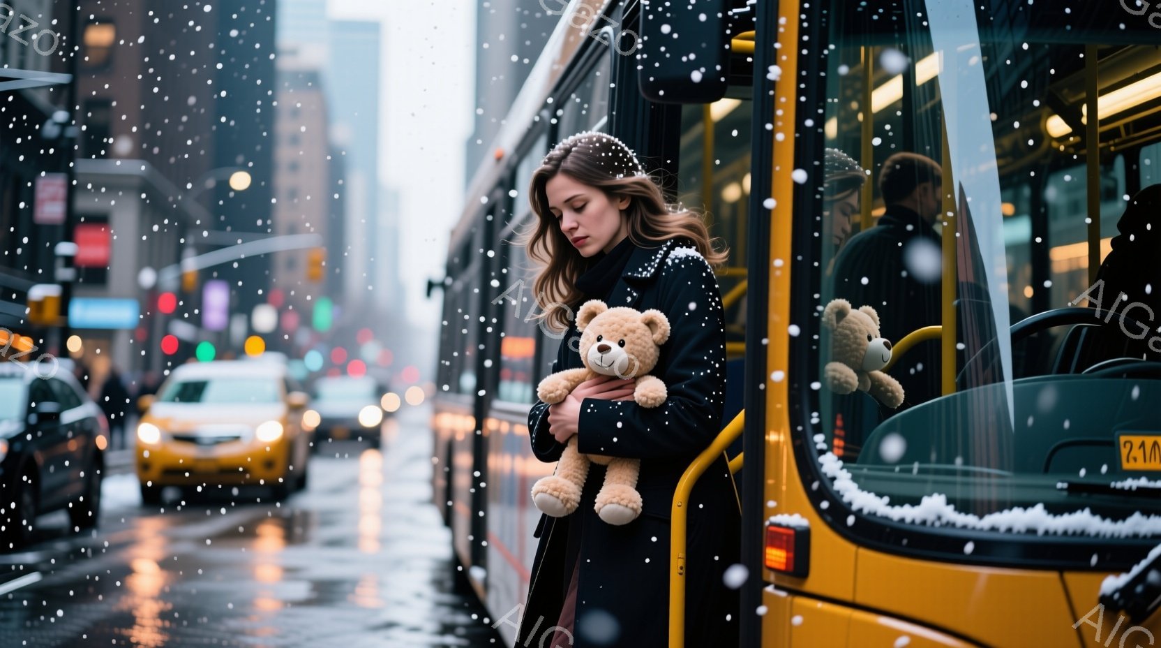 雪が降る街並みで、女性が黄色のバスのそばに立っている。彼女は黒いコートを着て、ゆるく巻いた茶色の髪を持ち、うつむき加減でテディベアを抱きしめている。背景には、ぼやけたタクシーや建物が並び、全体的に寂しげで物憂げな雰囲気が漂っている。
