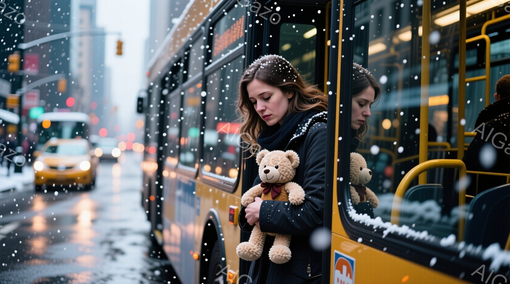 雪が降る街並みを背景に、女性が黄色いバスの入り口付近に立っている。彼女は黒いコートを着ており、ゆるやかなウェーブのかかった髪は肩にかかっている。悲しげな表情でテディベアを抱きしめ、物憂げな雰囲気を醸し出している。