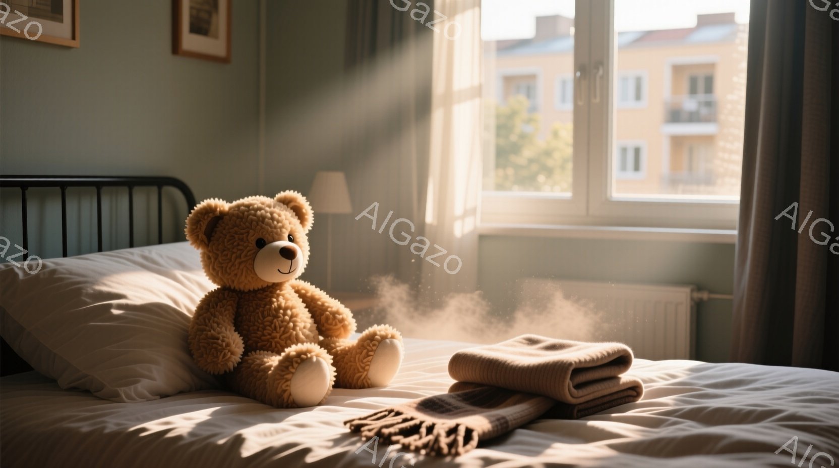 ぬいぐるみのおもちゃが白いベッドの上に座っており、周囲には暖かい色合いの毛布が置かれている。窓から差し込む強い日差しが、埃が舞う様子を捉え、部屋全体に穏やかで落ち着いた雰囲気を作り出している。背景には - AI生成フリー素材