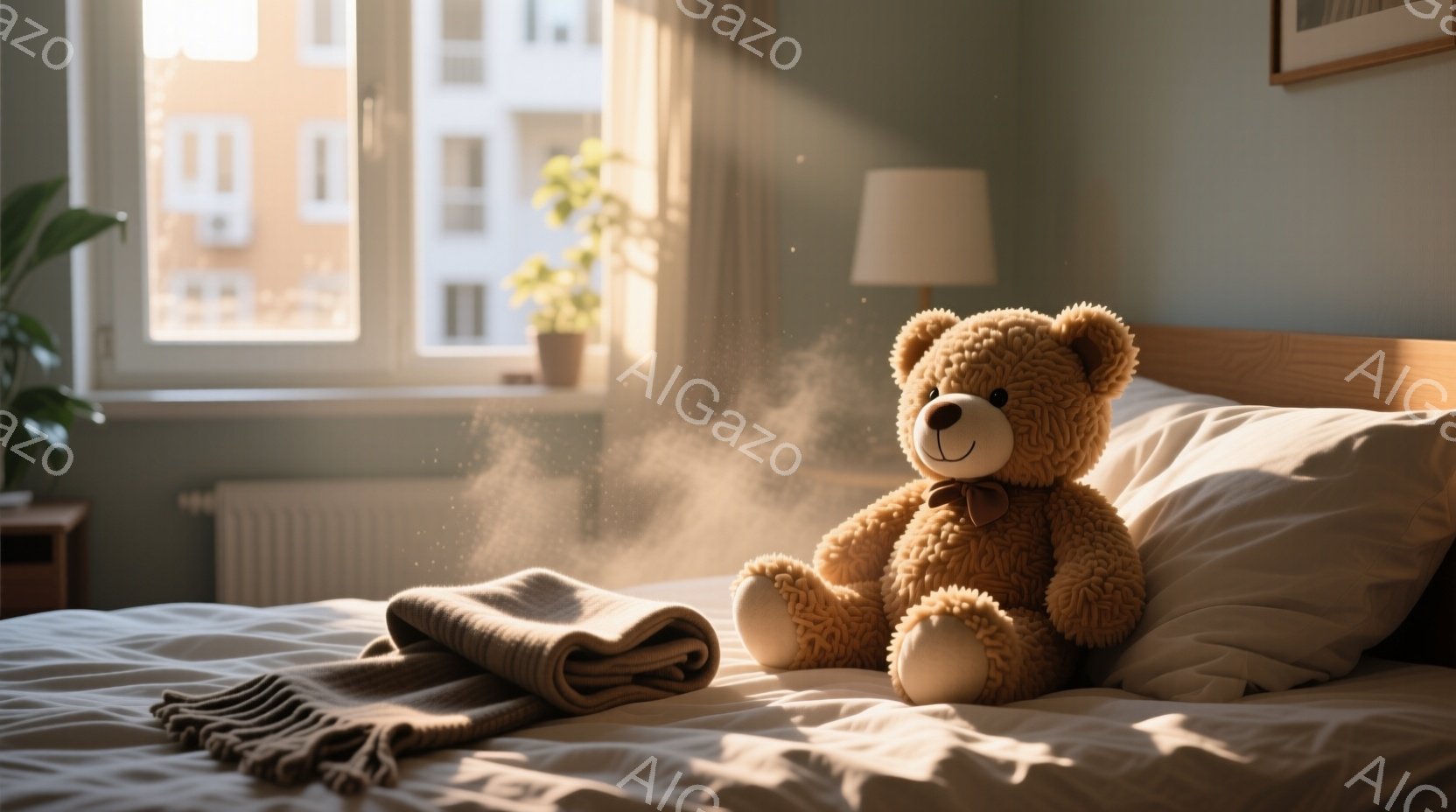 柔らかい茶色のテディベアが、白いベッドの上に座っています。背景には窓から差し込む暖かい日差しと、小さな植物、そして木製のナイトテーブルが見えます。全体的に穏やかで心地よい、安らぎのある雰囲気です。 - AI生成フリー素材