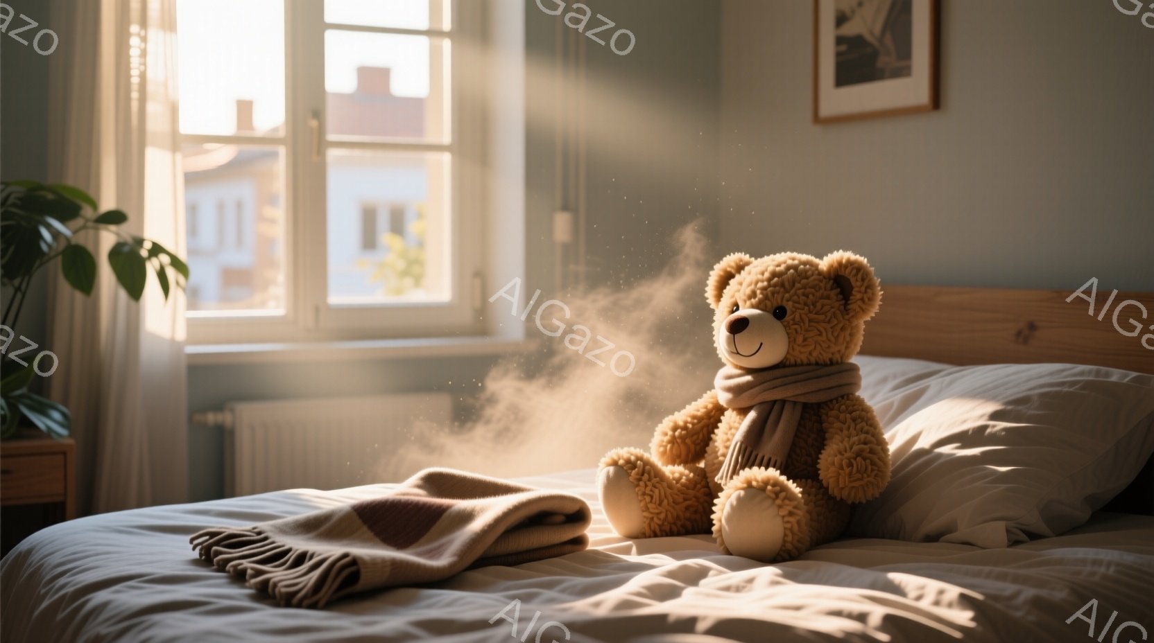 柔らかい茶色のテディベアがベッドに座っており、首にベージュ色のスカーフを巻いています。背景には窓から差し込む光が埃の粒子を照らし出し、暖かく穏やかな雰囲気を醸し出しています。部屋はシンプルで、窓の外に - AI生成フリー素材
