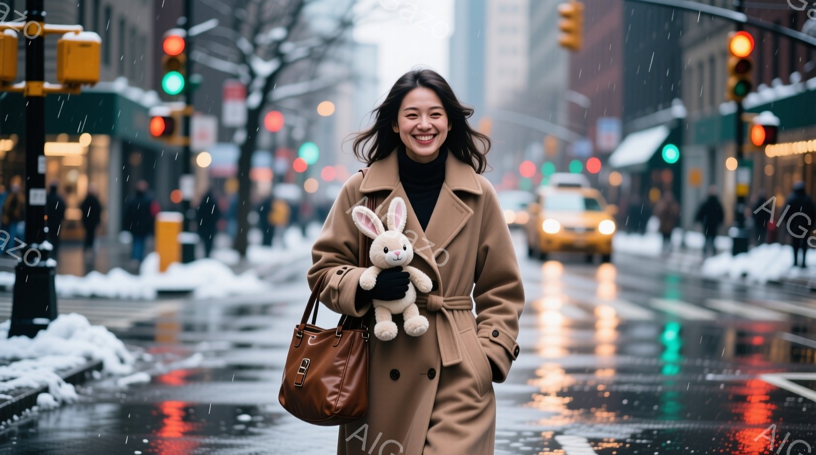 街中で女性がキャメル色のコートを着て、片手にぬいぐるみ（うさぎ）を抱えながら笑顔で立っている。彼女は黒髪で、少しウェーブがかかっており、コートのポケットに手を入れ、リラックスした姿勢をとっている。背景 - AI生成フリー素材