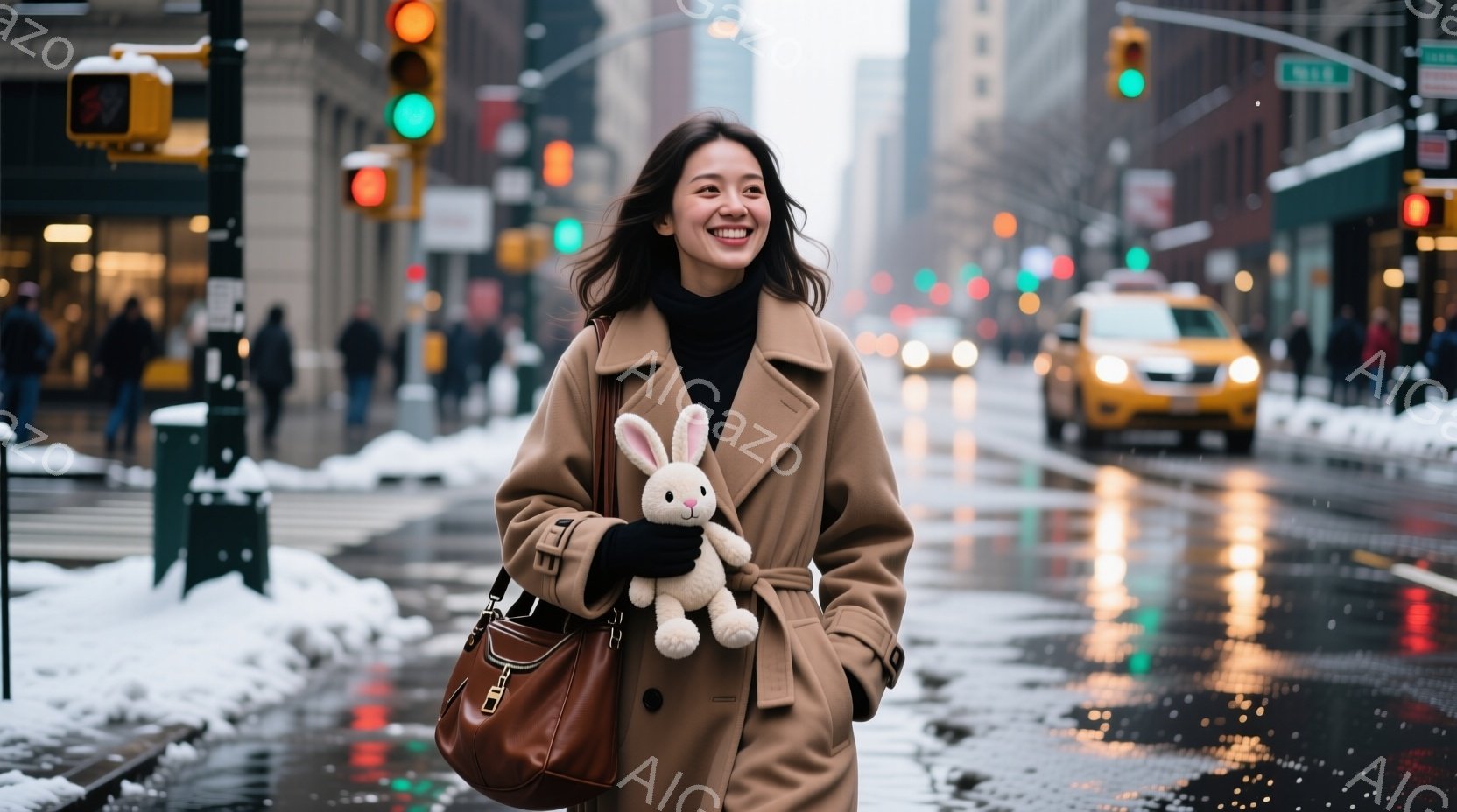 長い茶色のコートを着た女性が、街路を歩いており、満面の笑みを浮かべている。彼女は肩にかけられた茶色のバッグと、片手に可愛らしいウサギのぬいぐるみを抱えている。背景には高層ビルが立ち並び、雨が降った後の - AI生成フリー素材