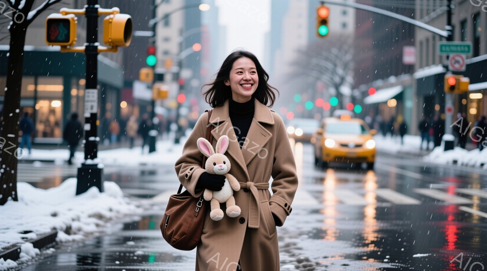 長いベージュ色のコートを着た女性が、雪の降る街路を歩いている。彼女は笑顔で、肩にかけられたバッグと片手に可愛らしいウサギの人形を持っている。背景には、ぼやけた建物や交通信号、濡れた道路、そして降り積もる雪が見え、冬の都会の雰囲気を醸し出している。