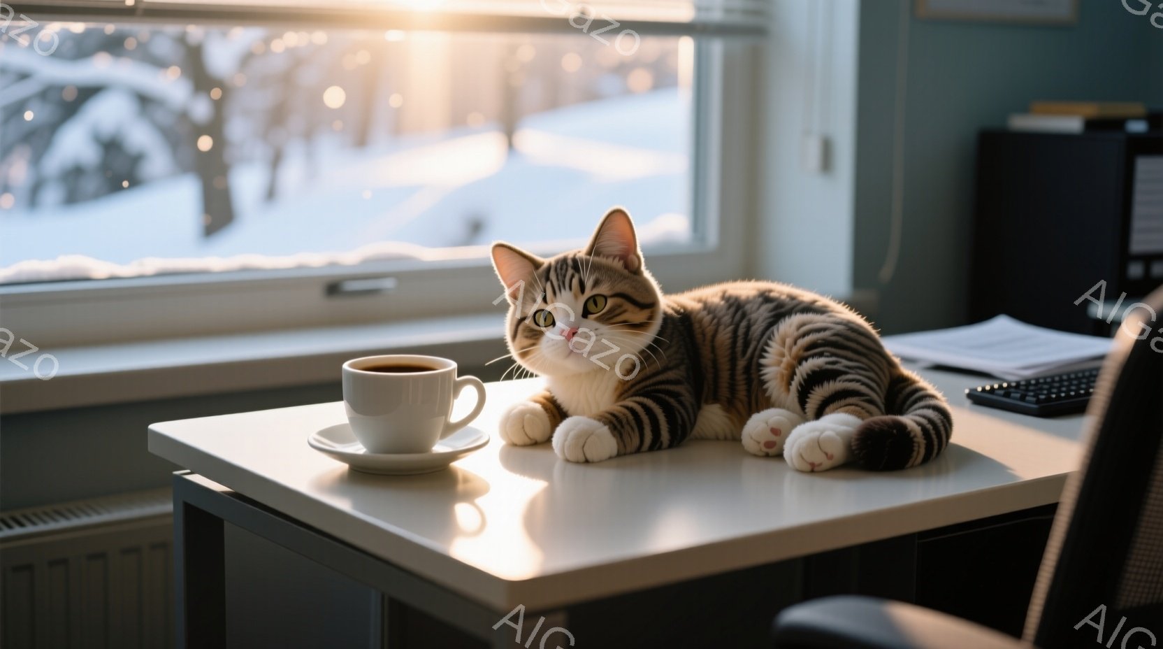 白と茶色の縞模様の猫が、白い机の上に優雅に横たわっています。猫は前足を伸ばし、リラックスした表情でこちらを見ており、隣には湯気の立つコーヒーカップが置かれています。背景には雪景色が広がり、室内とのコントラストが暖かく穏やかな雰囲気を醸し出しています。