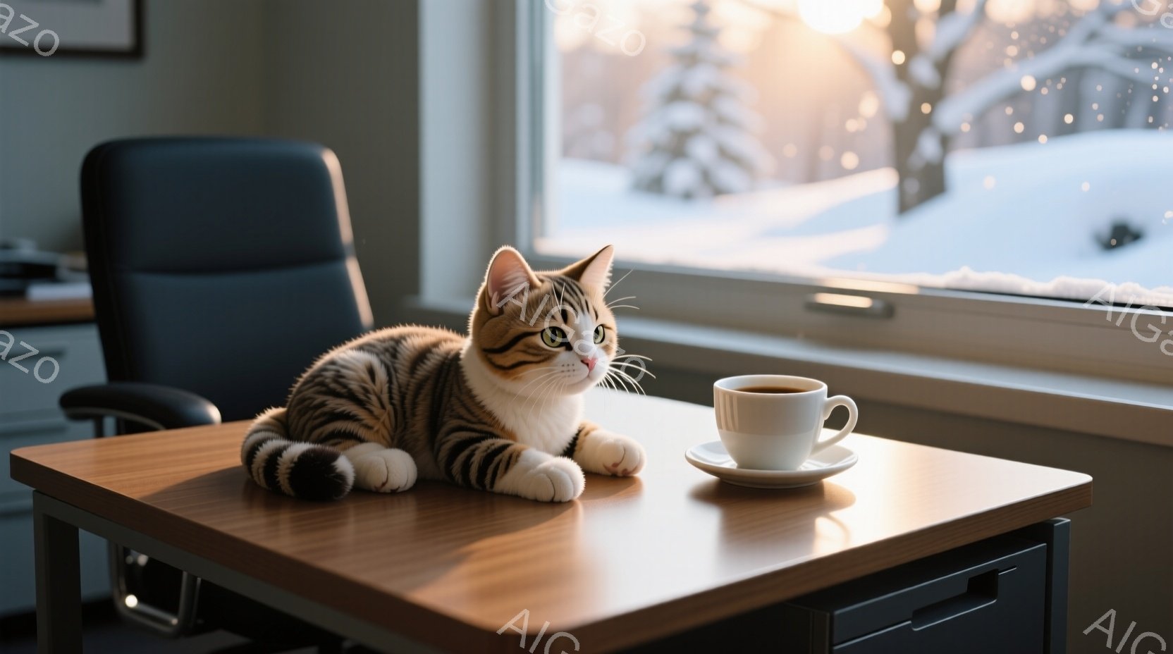 白と茶色の縞模様の猫が木の机の上に優雅に横たわっており、片方の前足は机の端からぶら下がっています。背景には雪景色が見える窓があり、室内の暖かい雰囲気と屋外の寒さが対照的です。机の上には白いコーヒーカップとソーサーが置かれており、猫の穏やかな表情がリラックスした雰囲気を醸し出しています。