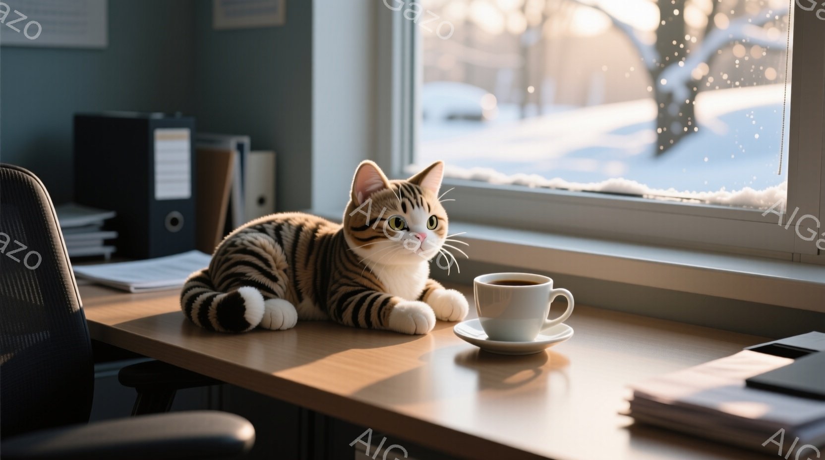 テーブルの上で縞模様の猫が前足を組んでリラックスして横たわっています。背景には雪が降る冬の景色が見え、窓の外は白く覆われています。テーブルの上にはコーヒーカップとソーサーがあり、穏やかで暖かい雰囲気を醸し出しています。