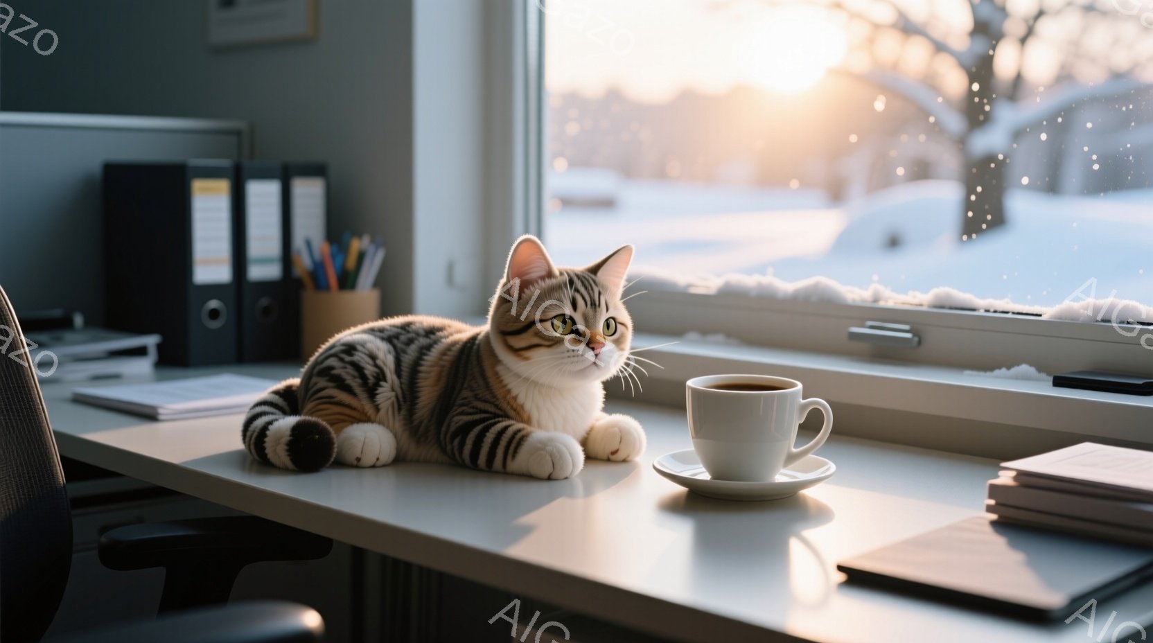 机の上で縞模様の猫がリラックスして横たわっており、手前に白いカップとソーサーが置かれている。窓の外には雪景色が広がり、夕焼けの光が差し込んでいる。全体的に、温かく穏やかな冬の日の雰囲気が漂っている。