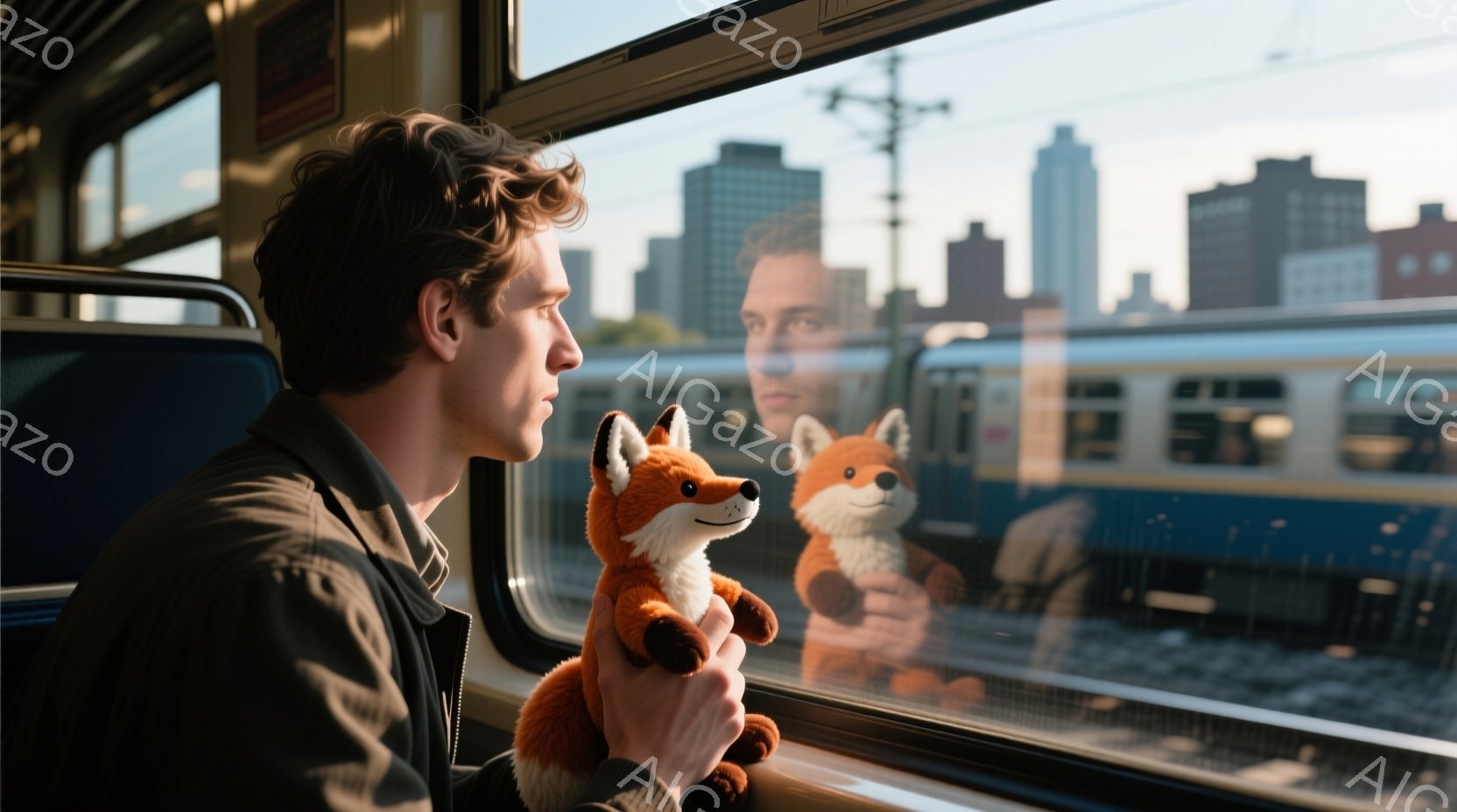 若い男性が列車の窓際で座り、オレンジ色の狐のぬいぐるみを持っています。彼はダークブラウンの巻き毛で、憂いのある表情で遠くを見つめています。背景には高層ビル群が広がり、晴天の下、列車の窓の外にはぼやけた - AI生成フリー素材