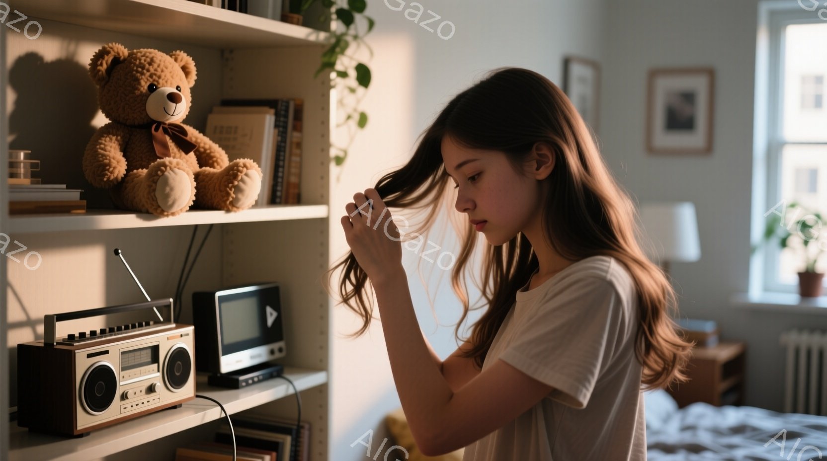 長い茶色の髪の女性が、白いTシャツを着て、ベッドの近くで自分の髪に触れています。背景には、テディベア、ラジオ、小さなテレビが置かれた棚があり、部屋は柔らかい光に包まれ、温かくてノスタルジックな雰囲気が漂っています。全体的に、静かで穏やかな日常の一コマを切り取ったような写真です。
