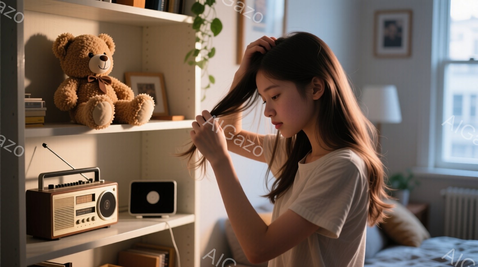 白い棚の前に立つ若い女性が、自分の髪を指で梳かしている。彼女は白いTシャツを着ており、長い髪は少し無造作にまとめられている。背景には、ラジオ、黒いデバイス、テディベア、そして本棚が並び、窓からは穏やかな光が差し込んでいる。