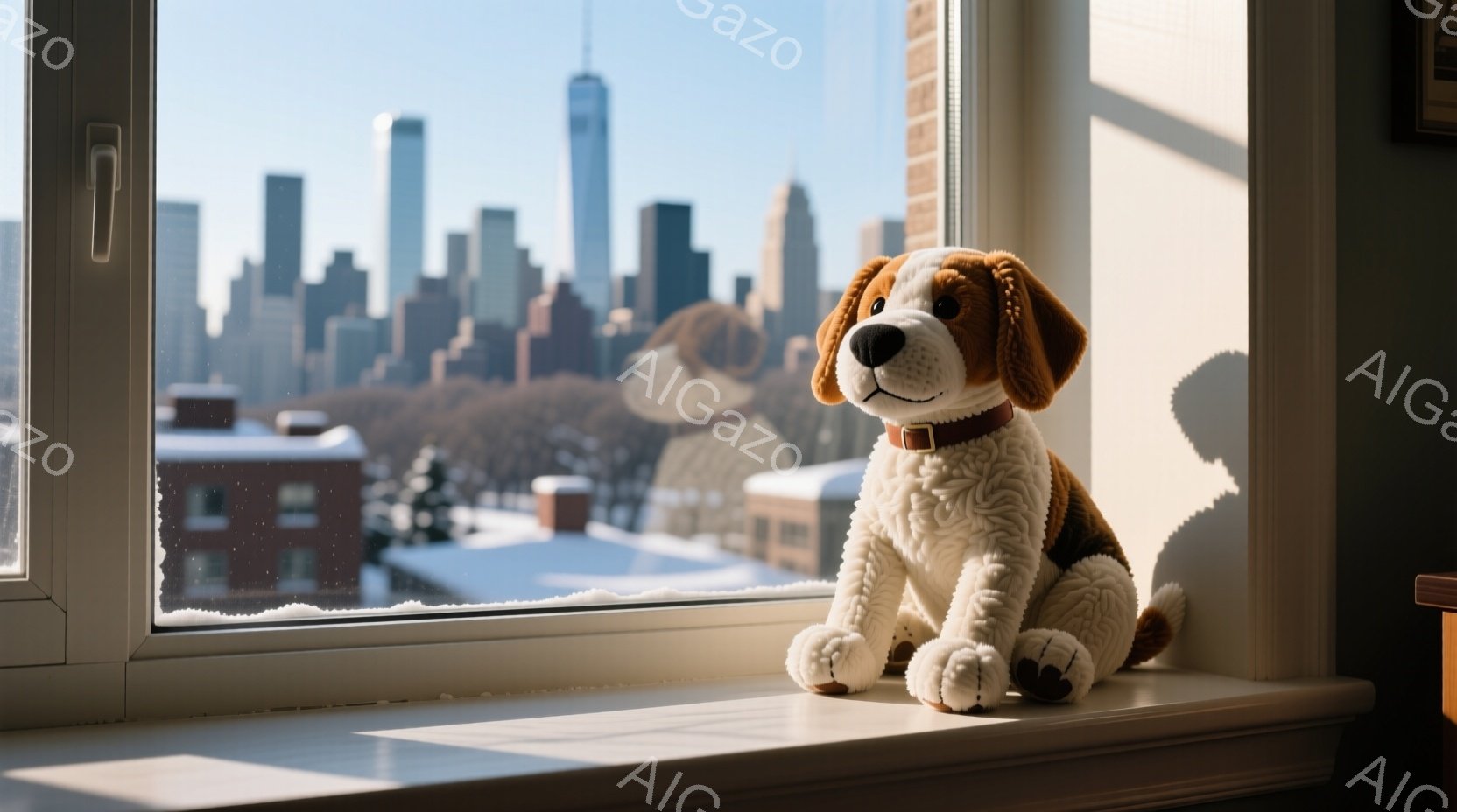 白い窓枠に、茶色と白の毛並みを持つ犬のぬいぐるみがお座りしている。背景には、雪景色の中に高層ビル群が立ち並ぶニューヨークの街並みが広がり、晴天のもと、寒々しい冬の雰囲気を感じさせる。ぬいぐるみは、まるで街を見下ろすかのように、穏やかな表情で座っており、暖かな光が差し込む室内とのコントラストが印象的である。