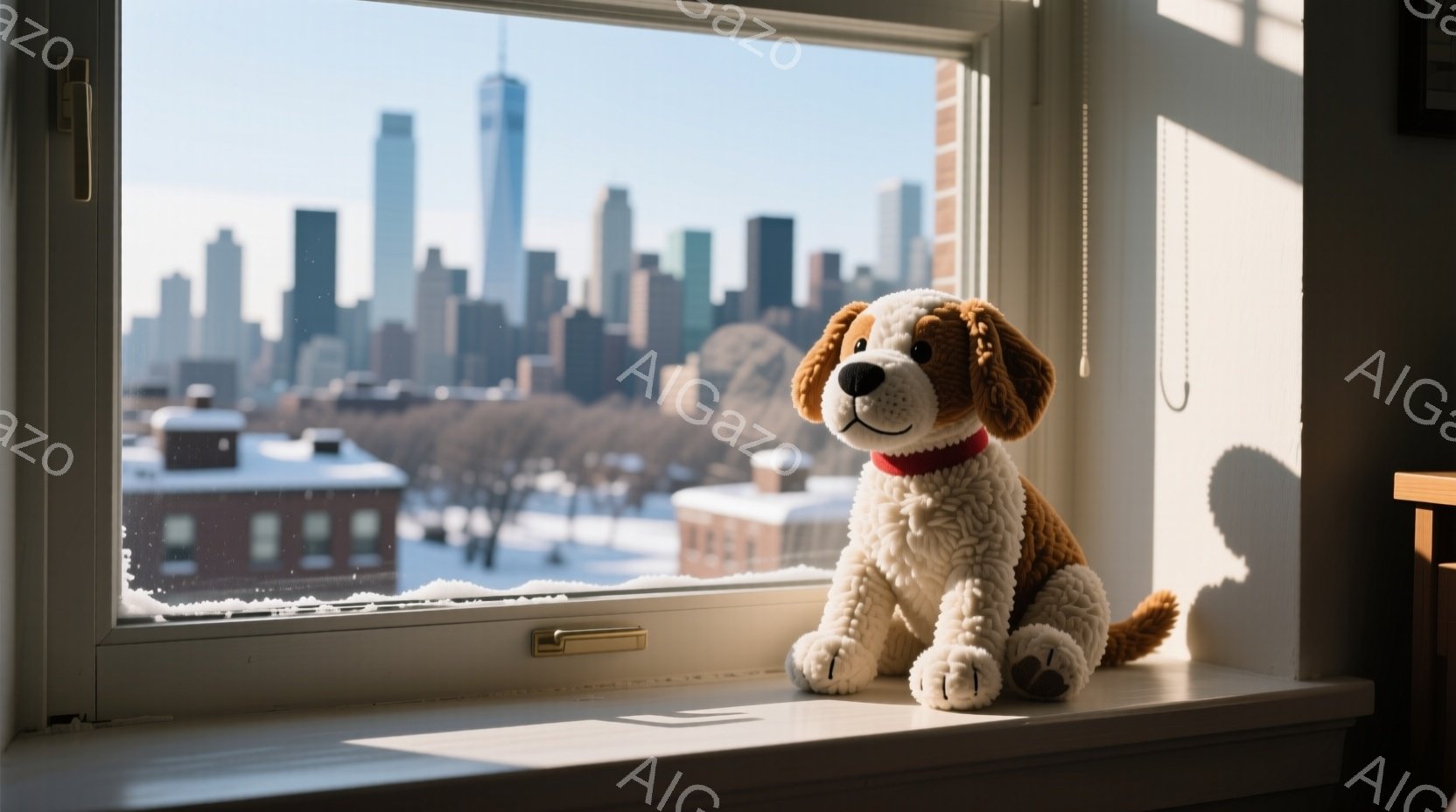 白い窓枠に、ふわふわのクリーム色と茶色の犬のぬいぐるみがお座りしている。背景には、雪景色と高層ビル群が広がり、冬のニューヨークの風景が広がっている。暖かく優しい光が差し込み、ぬいぐるみと背景のコントラストが、穏やかで少し寂しげな雰囲気を醸し出している。