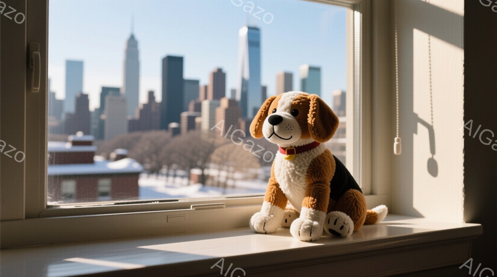 窓枠に座ったふわふわのビーグル犬のぬいぐるみは、赤い首輪をつけている。背景には雪景色が広がり、高層ビル群が遠くに見える冬のニューヨークの街並みが広がっている。全体的に温かく、平和な雰囲気が漂う。