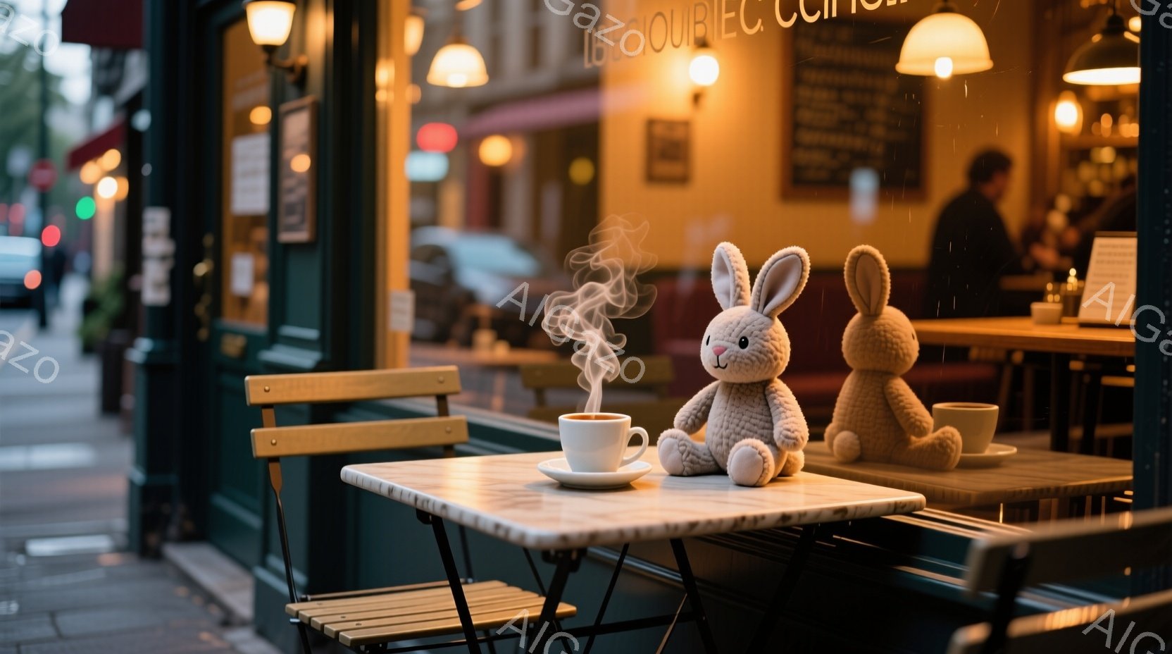 濡れた石畳のカフェのテラス席に、可愛らしいウサギのぬいぐるみ２体が座っており、温かい飲み物が供えられている。カフェの窓からは暖かな光が漏れ出し、雨に濡れた石畳と相まって、どこかノスタルジックで温かい雰囲気を醸し出している。背景にはぼやけた街並みと、点滅する信号機が見え、雨上がりの静かな午後のひとコマを切り取ったような情景である。