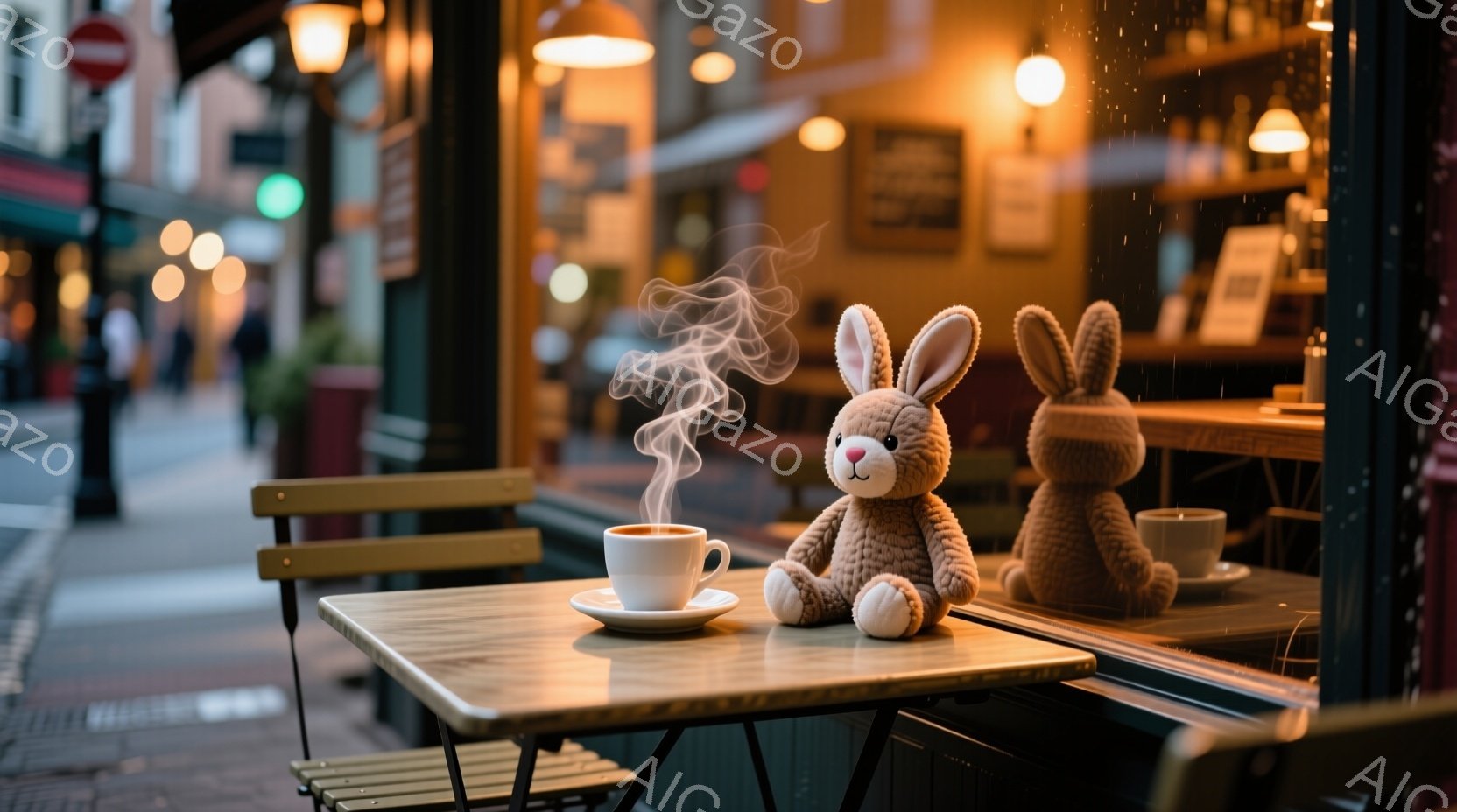 窓辺の小さなカフェのテーブルに、可愛らしい茶色のウサギのぬいぐるみ2匹が座っており、片方のぬいぐるみには湯気を立てるカップが置かれている。雨が窓ガラスを伝い、カフェの温かい光がぼんやりと街路に反射し、 - AI生成フリー素材