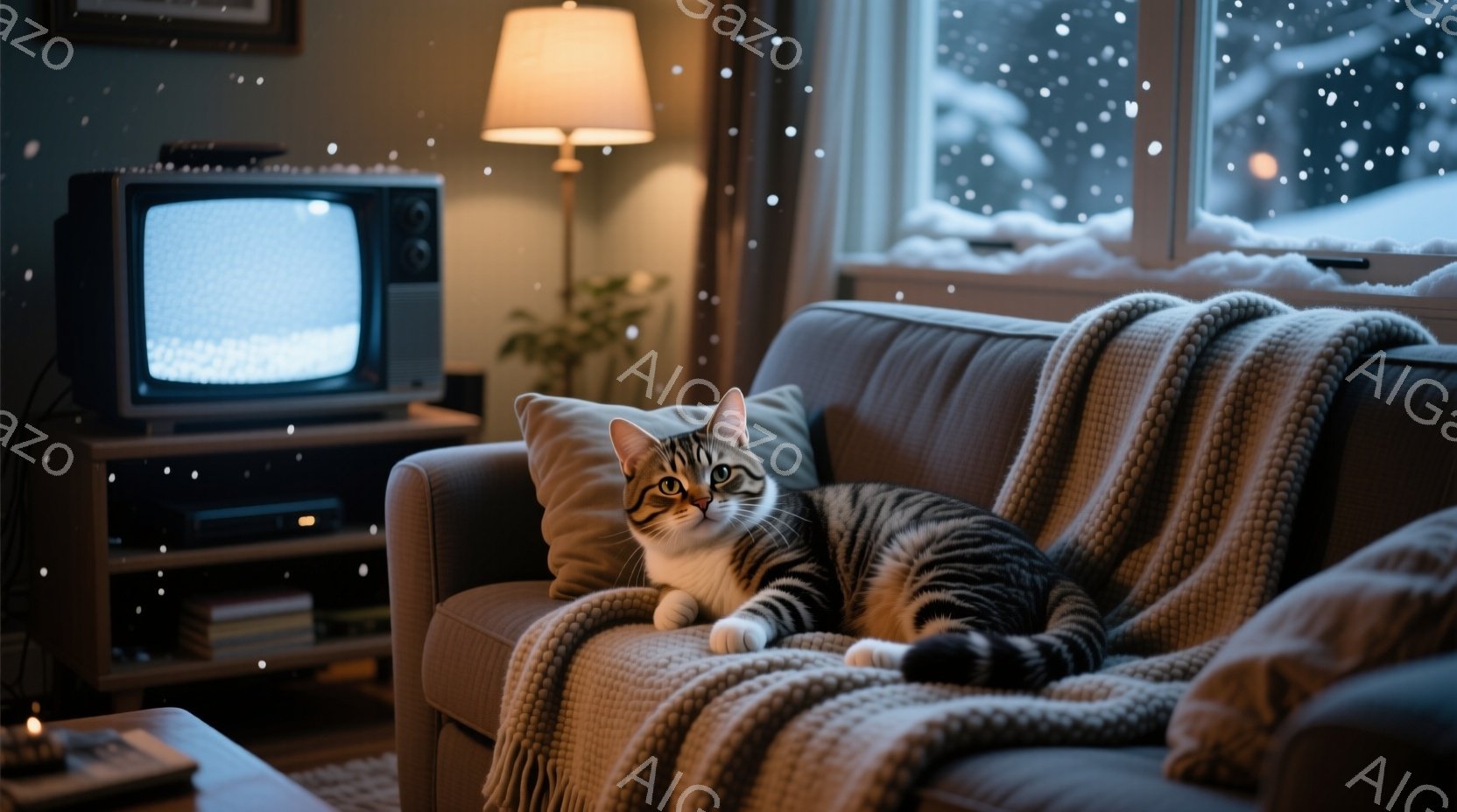 ソファに縞模様の猫が横たわっており、リラックスした表情でこちらを見ている。窓の外は雪が降り積もり、室内は暖かく、落ち着いた雰囲気である。背景には薄暗い照明とテレビが見え、冬の穏やかな午後を連想させる。