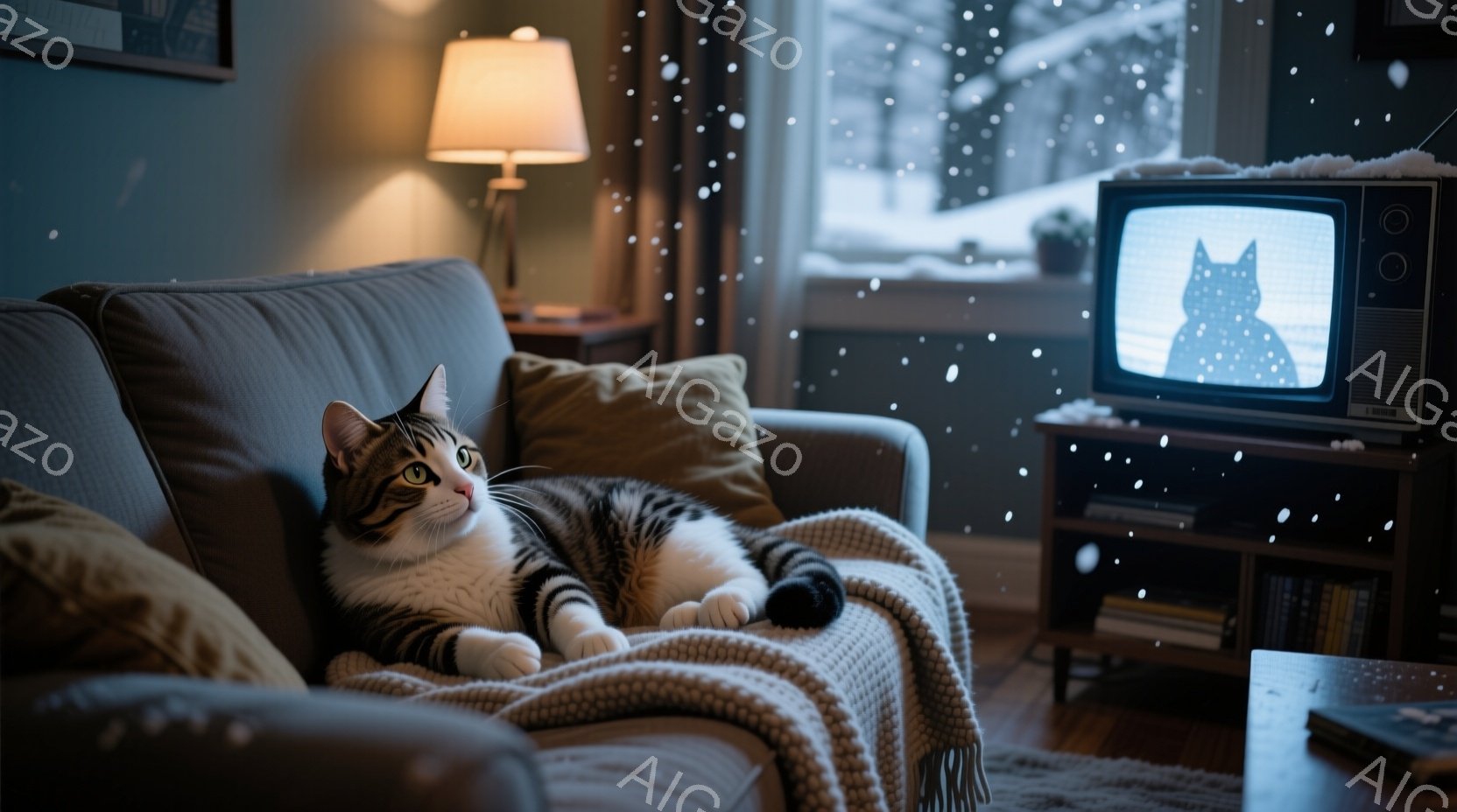白と黒の縞模様の猫が、柔らかい灰色のソファに横たわってリラックスしています。猫はテレビの方を見ており、画面には同じように見える猫の映像が映っています。外は雪が降り積もり、暖かい室内とのコントラストが、安らぎと穏やかな雰囲気を醸し出しています。