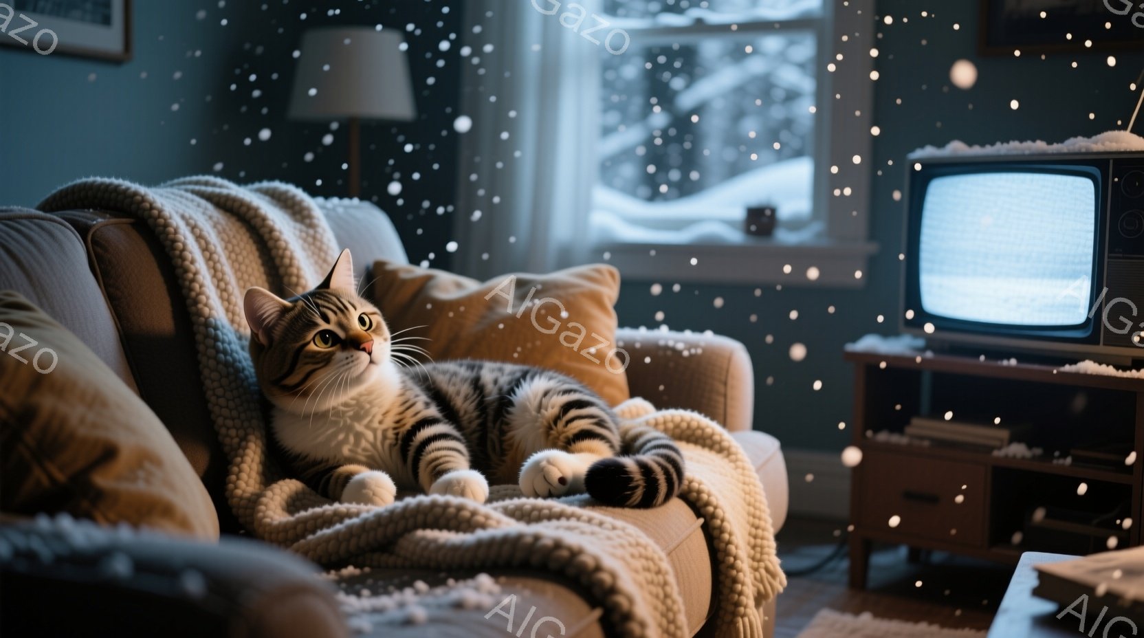 茶色のストライプ模様の猫が、クリーム色の柔らかいソファーにゆったりと横たわっています。窓の外は雪が降り積もり、暖炉の光がほのかな温かさを添えています。古いテレビが雪景色を映し出し、穏やかで冬らしい雰囲気を醸し出しています。