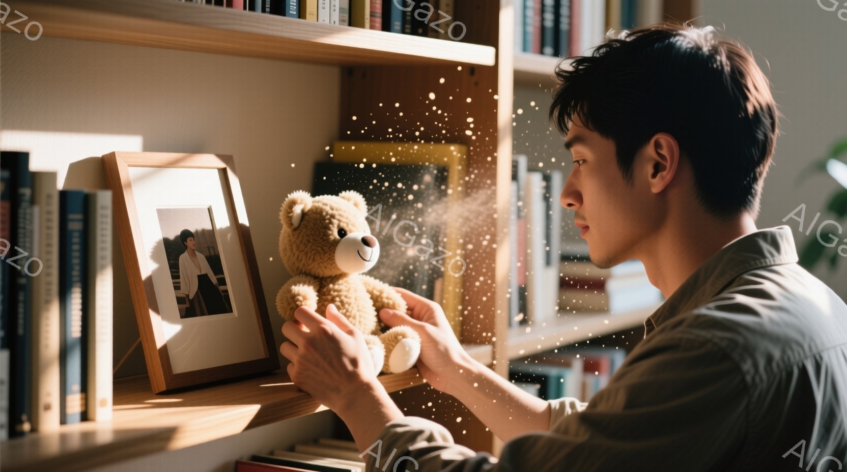 濃い茶色の髪の若い男性が、棚の上に飾られた写真とテディベアを見つめている。彼はベージュ色のシャツを着ており、横顔は穏やかで少し物思いにふけっているようである。背景には本棚が並び、柔らかい光が差し込み、どこか懐かしい、温かい雰囲気を醸し出している。