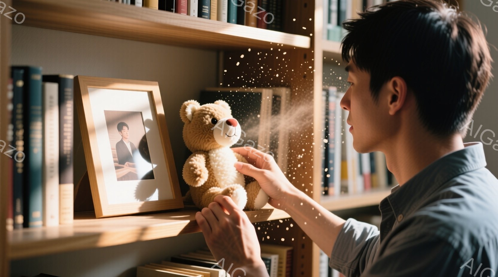 浅い棚に置かれた写真立てとテディベアの隣で、若い男性がテディベアを抱きかかえようとしている瞬間が捉えられています。彼はブルーグレーのシャツを着ており、黒髪で、横顔で表情は読み取りにくいですが、どこか物憂げな雰囲気です。背景には本棚が並び、柔らかい光が差し込んでおり、ノスタルジックで静かな雰囲気が漂っています。
