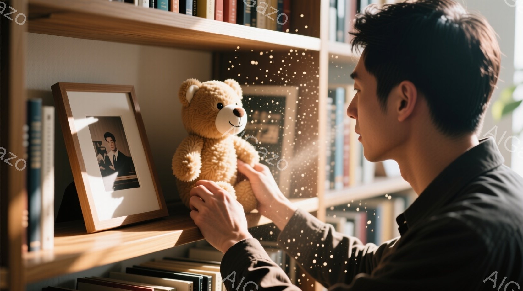 本棚の棚に座って、男性がテディベアを手にしている。彼は黒いシャツを着ており、横分けの黒髪で、優しい表情をしている。背景には本が並び、部屋全体が穏やかで温かい雰囲気である。 - AI生成フリー素材