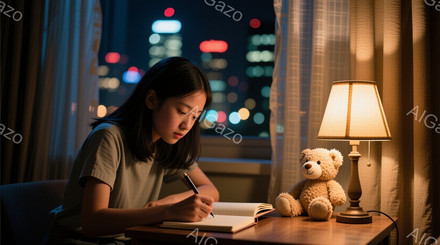 若い女性が机に向かってノートにペンで書き込みをしている。彼女は短い黒髪で、少しうつむき加減で集中した表情をしている。背景には夜景が広がり、暖色系のテーブルランプと可愛らしいテディベアが置かれている、暖かく落ち着いた雰囲気の室内だ。