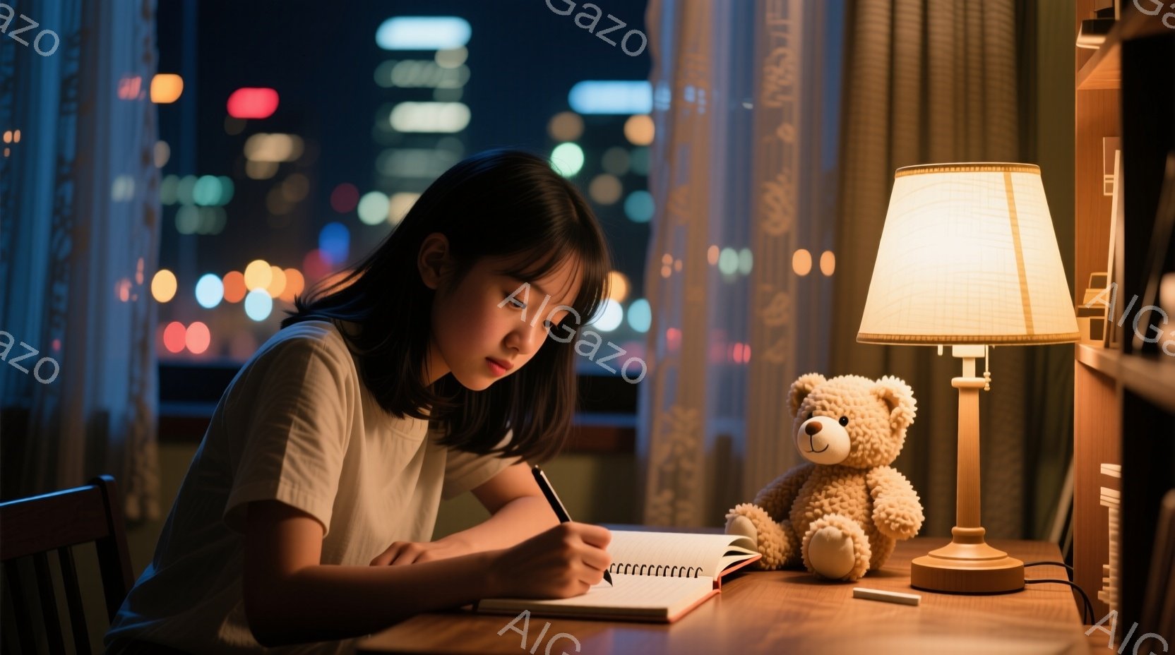 少女は、短い黒髪で、白いTシャツを着て、集中してノートに何かを書いている。彼女の横には、茶色のテディベアが座っていて、背景には夜景がぼんやりと見える。暖色のテーブルランプが彼女を照らし、部屋全体が静か - AI生成フリー素材