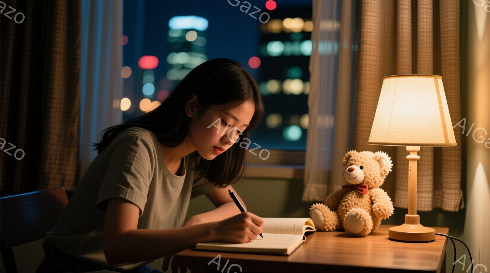 若い女性が机に向かって何かを書き込んでいる様子が写っている。彼女は薄いグレーのTシャツを着ており、長い黒髪を自然に垂らしている。背景には夜景が広がり、机の上にはクマのぬいぐるみとランプが置かれている、集中して作業に取り組む、落ち着いた雰囲気のシーンだ。