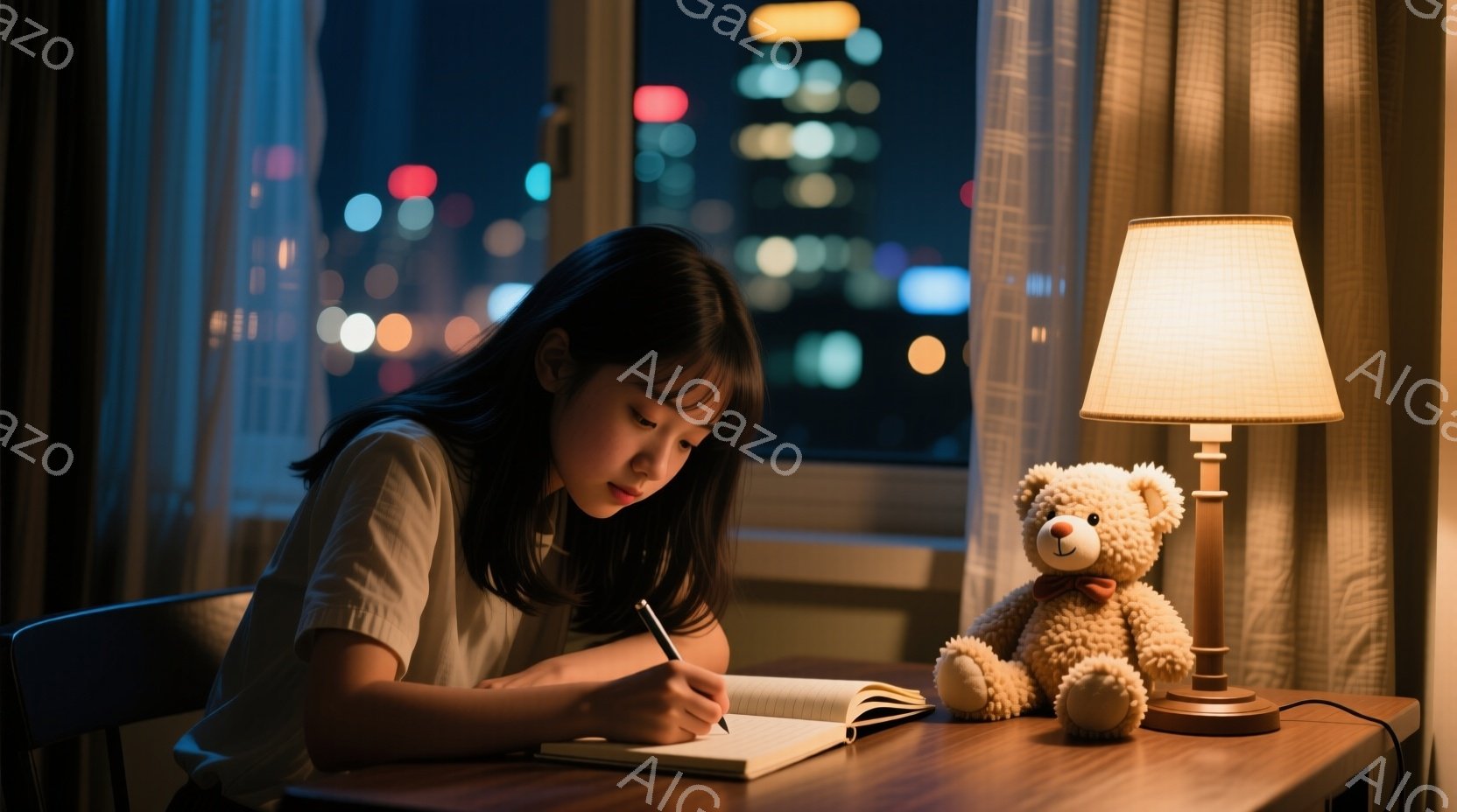 少女は茶色の椅子に座り、机に向かってノートに何かを書き込んでいる。彼女は赤いシャツを着ており、黒髪は肩にかかる長さで、集中した表情で筆記に取り組んでいる。背景には夜景が広がり、暖色系のテーブルランプとテディベアが柔らかな光を放ち、静かで落ち着いた雰囲気を醸し出している。