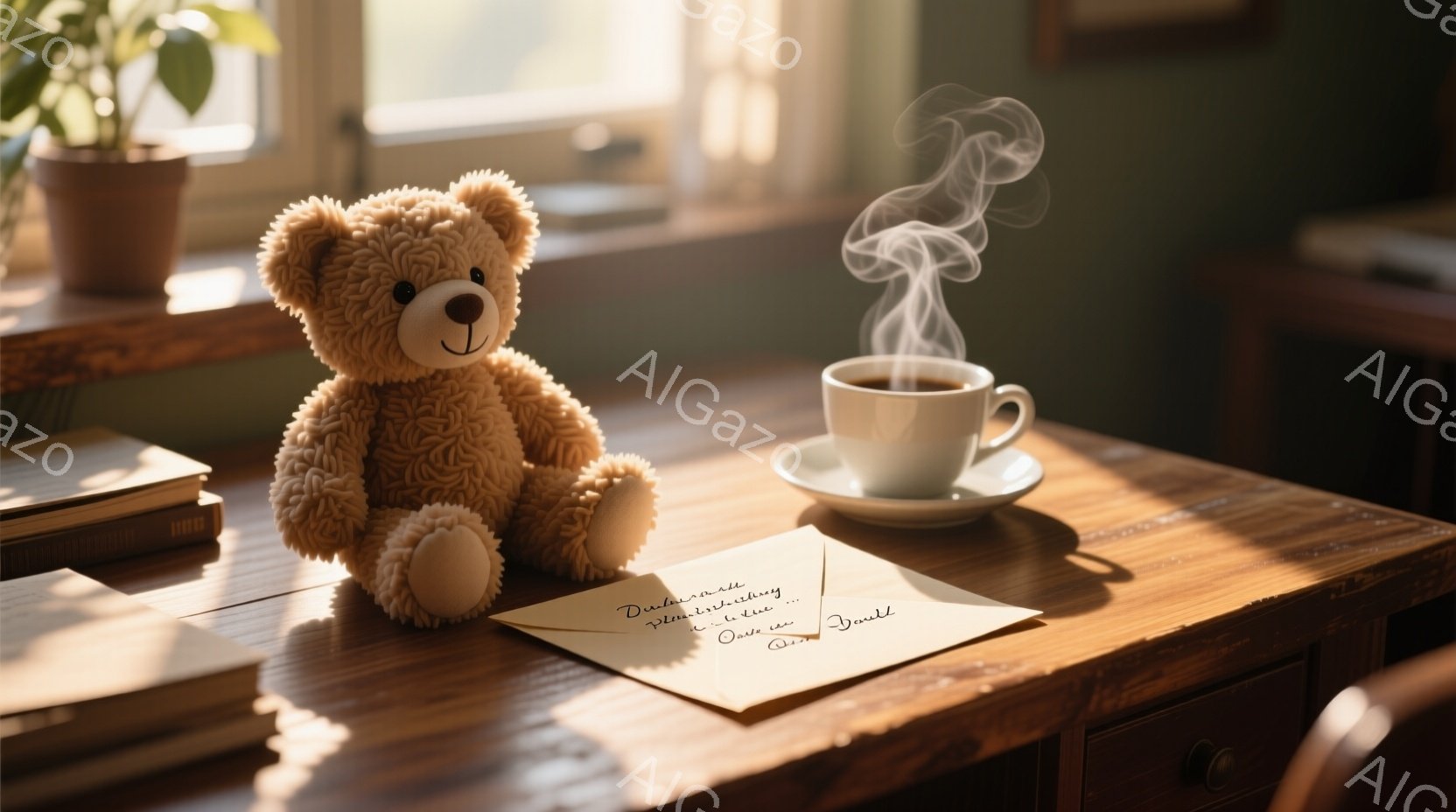 温かみのある木製のテーブルの上に、ふわふわのテディベアと湯気が立ち上るコーヒーカップが置かれています。テーブルの横には開いた手紙と、積み重ねられた本が見え、部屋全体が落ち着いた、家庭的な雰囲気を醸し出 - AI生成フリー素材