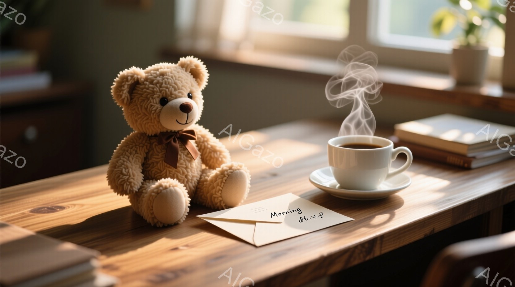 木目調のテーブルの上に、茶色のリボンを付けたテディベアが座っています。テーブルの上には、湯気が立ち上るコーヒーカップと、手紙が置かれており、穏やかで温かい雰囲気を醸し出しています。背景には本棚がぼんや - AI生成フリー素材