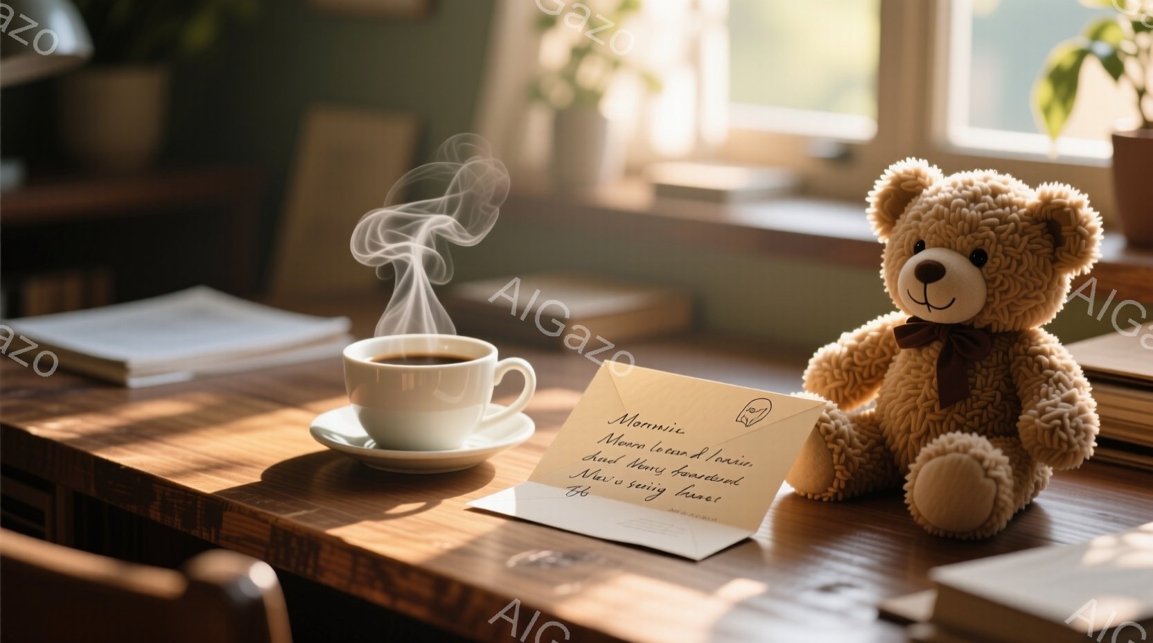 濃い木製のテーブルの上に、湯気が立ち上るコーヒーカップと、手紙が置かれています。隣には、リボンを首に巻いた茶色のテディベアが座っており、優しい光が全体を照らしています。暖かく、落ち着いた雰囲気で、読書や休息に最適な空間を表しています。