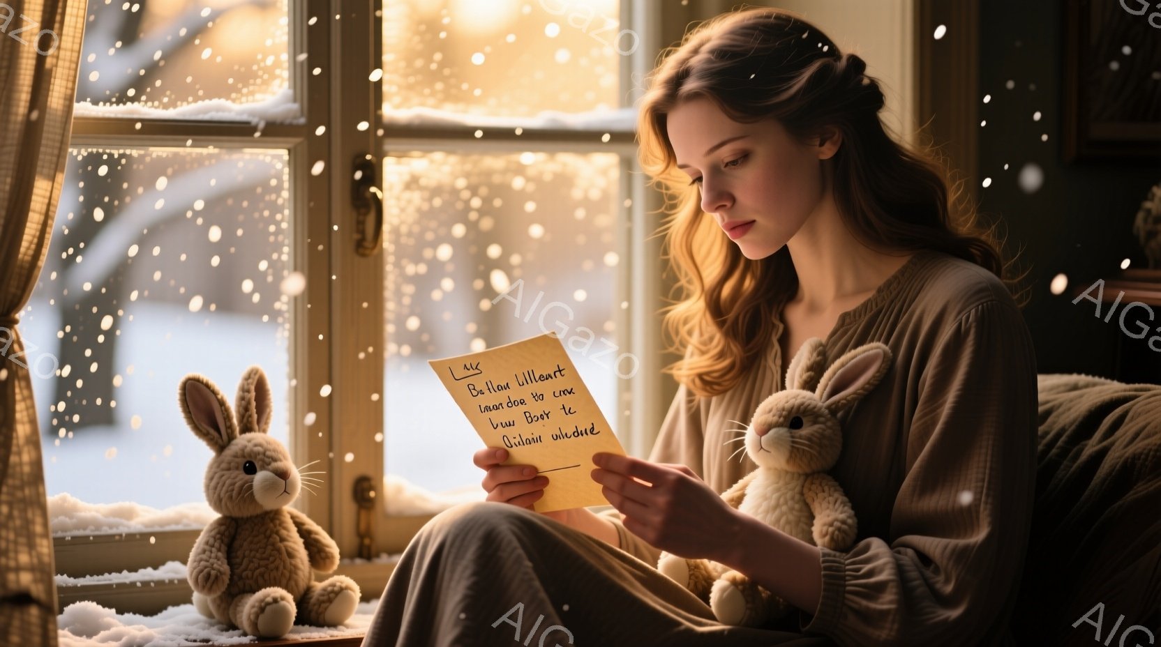 長い茶色の髪を肩にかける若い女性が、窓辺に座って手紙を読んでいます。彼女はグレーのセーターとズボンを身に着けており、物憂げな表情をしています。外は雪が降り積もり、可愛らしいウサギのぬいぐるみが彼女の隣 - AI生成フリー素材