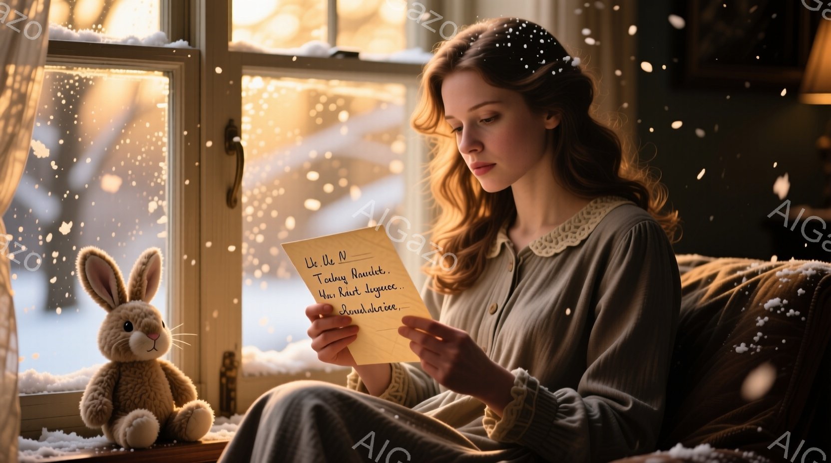 長い茶色の髪を後ろでまとめた若い女性が、窓辺のソファに座って手紙を読んでいます。彼女は淡いピンク色のパジャマのような服を着ており、少し物憂げな表情を浮かべています。窓の外は雪が降り積もり、白い景色が広 - AI生成フリー素材