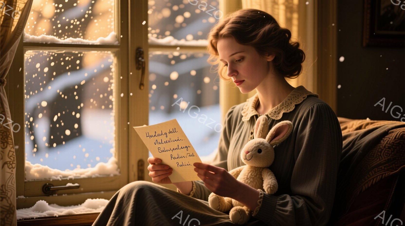 窓辺に座る若い女性が手紙を読んでいます。彼女は暗い緑色のドレスを着ており、髪は後ろでまとめられています。外は雪が降り積もり、冬の静かで穏やかな雰囲気が漂っています。 - AI生成フリー素材