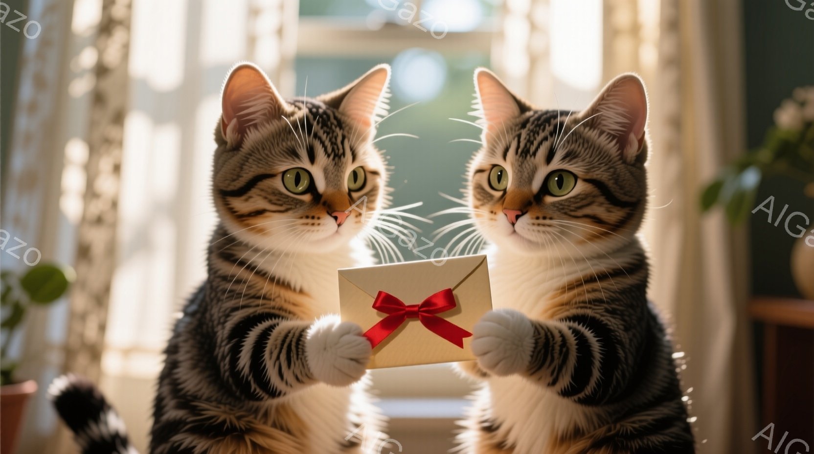縞模様の猫が2匹、互いに正面を向いて立っており、片方の猫が赤いリボンで結ばれた茶色の封筒を両手で持っています。背景には植物と家具が見え、柔らかい光が差し込み、温かく穏やかな雰囲気を醸し出しています。猫たちは好奇心とわずかな緊張を交えた表情で、何かを交換しようとしているようです。