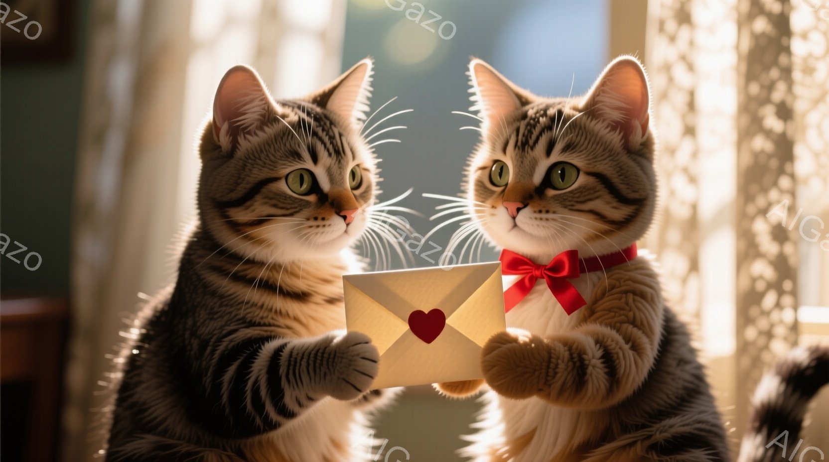 縞模様の猫が二匹、互いに向き合い、片方の猫が赤いリボンが付いた手紙をもう一方の猫に差し出している。猫たちは真剣な表情で、手紙の中心には赤いハートが描かれている。背景はぼやけており、暖かい光が猫たちを照 - AI生成フリー素材