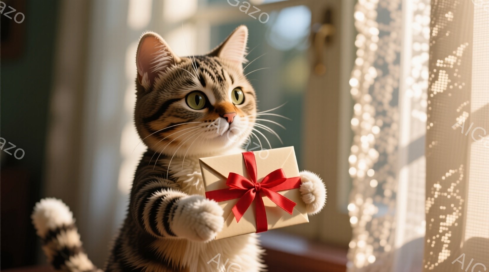 縞模様の猫が、赤いリボンで結ばれた茶色のプレゼントを前足で抱えています。猫は少し上目遣いで、穏やかで優しい表情をしています。背景には白いレースのカーテンと光が差し込んでおり、温かく、お祝いムードを感じさせる雰囲気です。