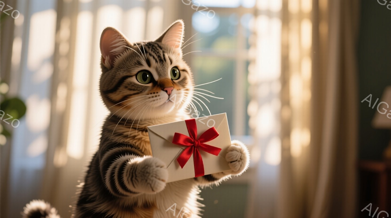 縞模様の猫が両手を前に伸ばし、赤いリボンが付いた白い封筒を持っている。猫は少し上目遣いで、好奇心とわずかな期待が入り混じった表情をしている。背景はぼやけており、明るい窓から差し込む光が猫を照らし、暖かく優しい雰囲気を醸し出している。