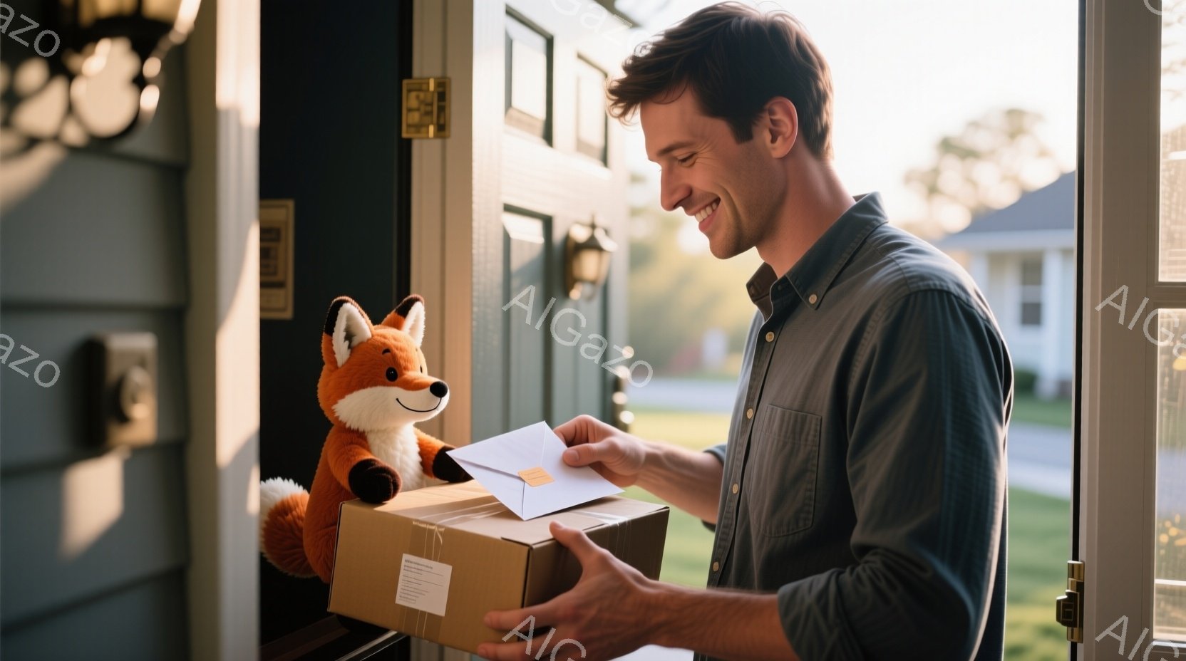 明るい日差しの中で、茶髪の男性が玄関のドアを開け、段ボールの箱と封筒を持っています。彼は笑顔で、カジュアルなシャツを着ており、リラックスした雰囲気を醸し出しています。背景には緑豊かな庭と住宅が見え、箱の上に座っている可愛らしいキツネのぬいぐるみもいます。